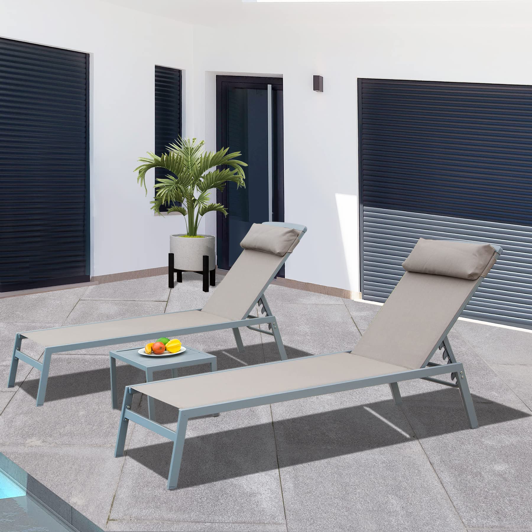 Domi Patio Chaise Lounge Set of 3 - Adjustable Aluminum Outdoor Lounge Chairs with 5 Positions for Poolside, Deck, Garden & Backyard - Perfect for Sunbathing & Relaxing - Khaki Color