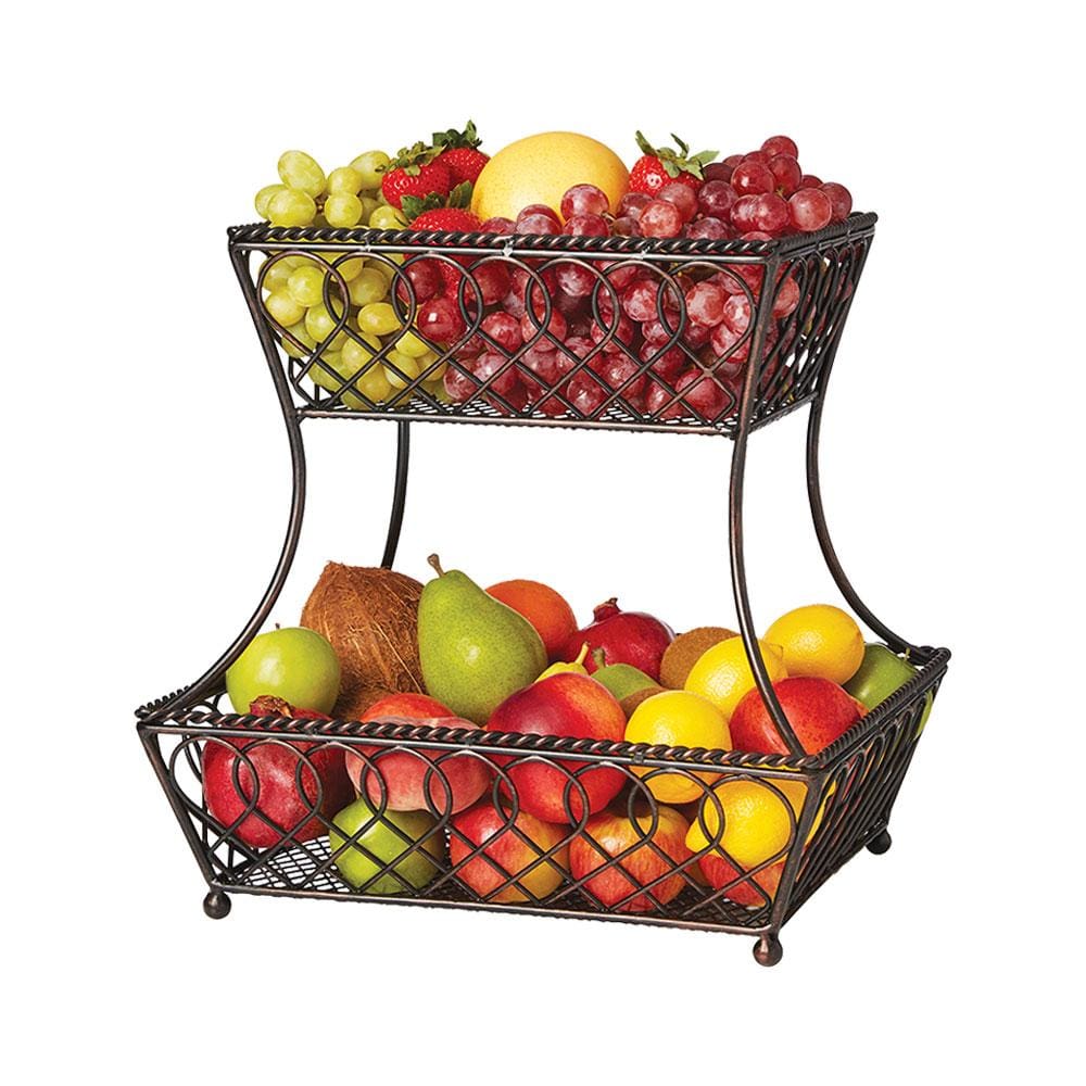 Loop Lattice 2 Tier Rectangular Basket - Rustic Wooden Storage Organizer for Bathroom, Kitchen & Office - Perfect for Towels, Fruits & Office Supplies