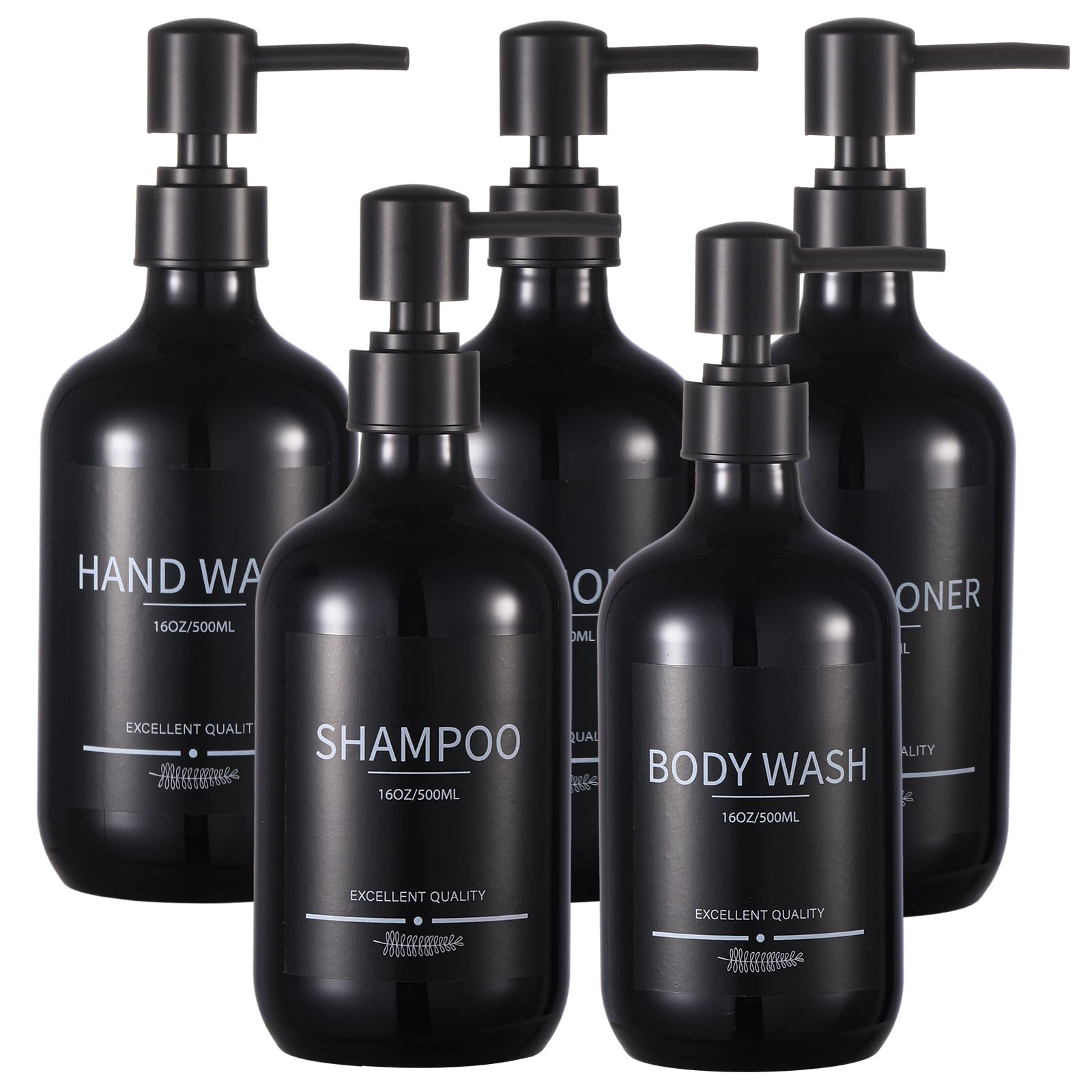Refillable 16.9oz Shampoo and Conditioner Dispenser Bottles (5-Pack, Black) - Leakproof Shower Organizer for Bathroom, Salon, Gym & Travel