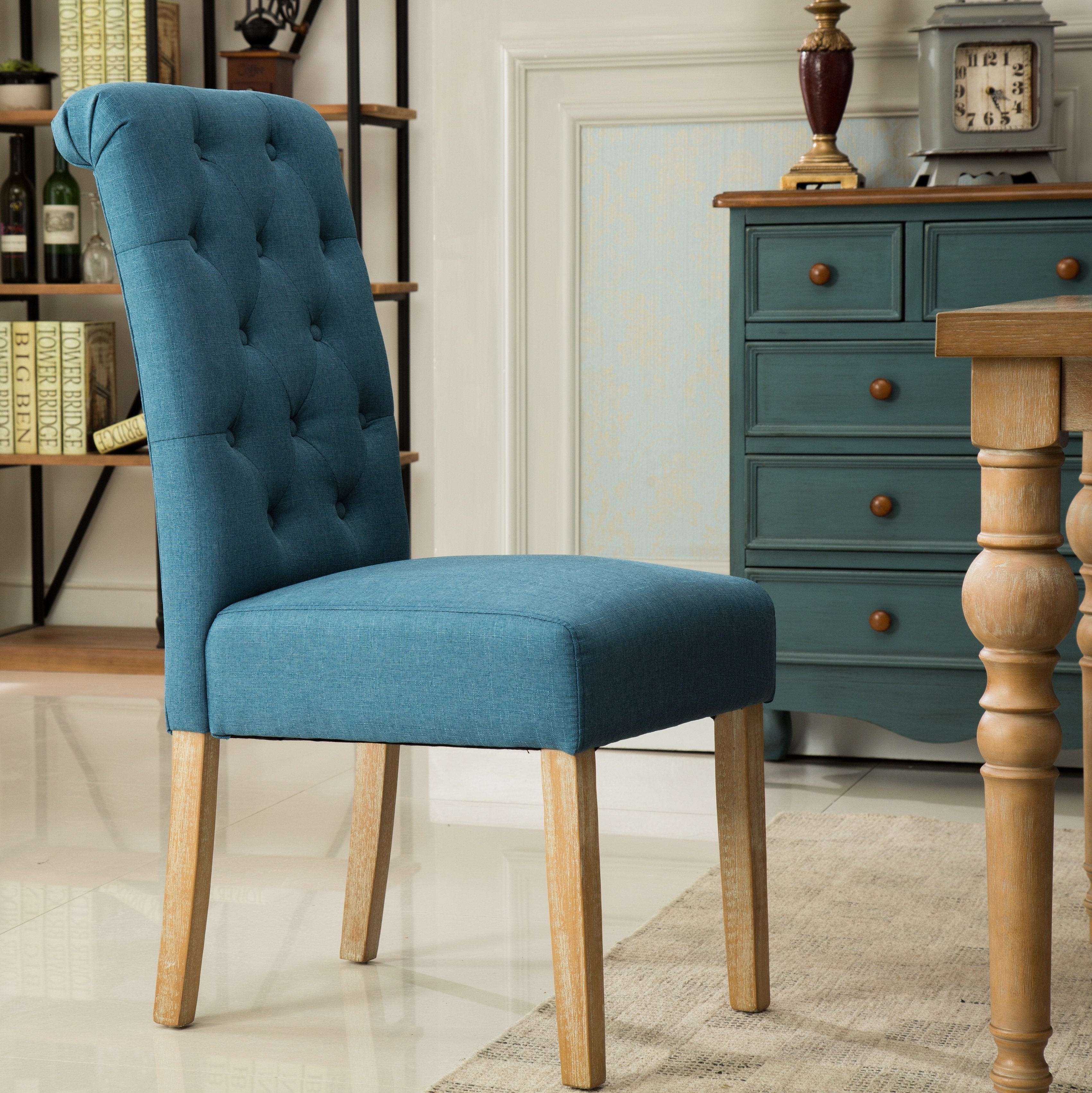 Roundhill Furniture Habit Solid Wood Tufted Parsons Dining Chair - Blue Set of 2 - Elegant Modern Dining Room Chairs for Kitchen, Breakfast Nook, and Home Office