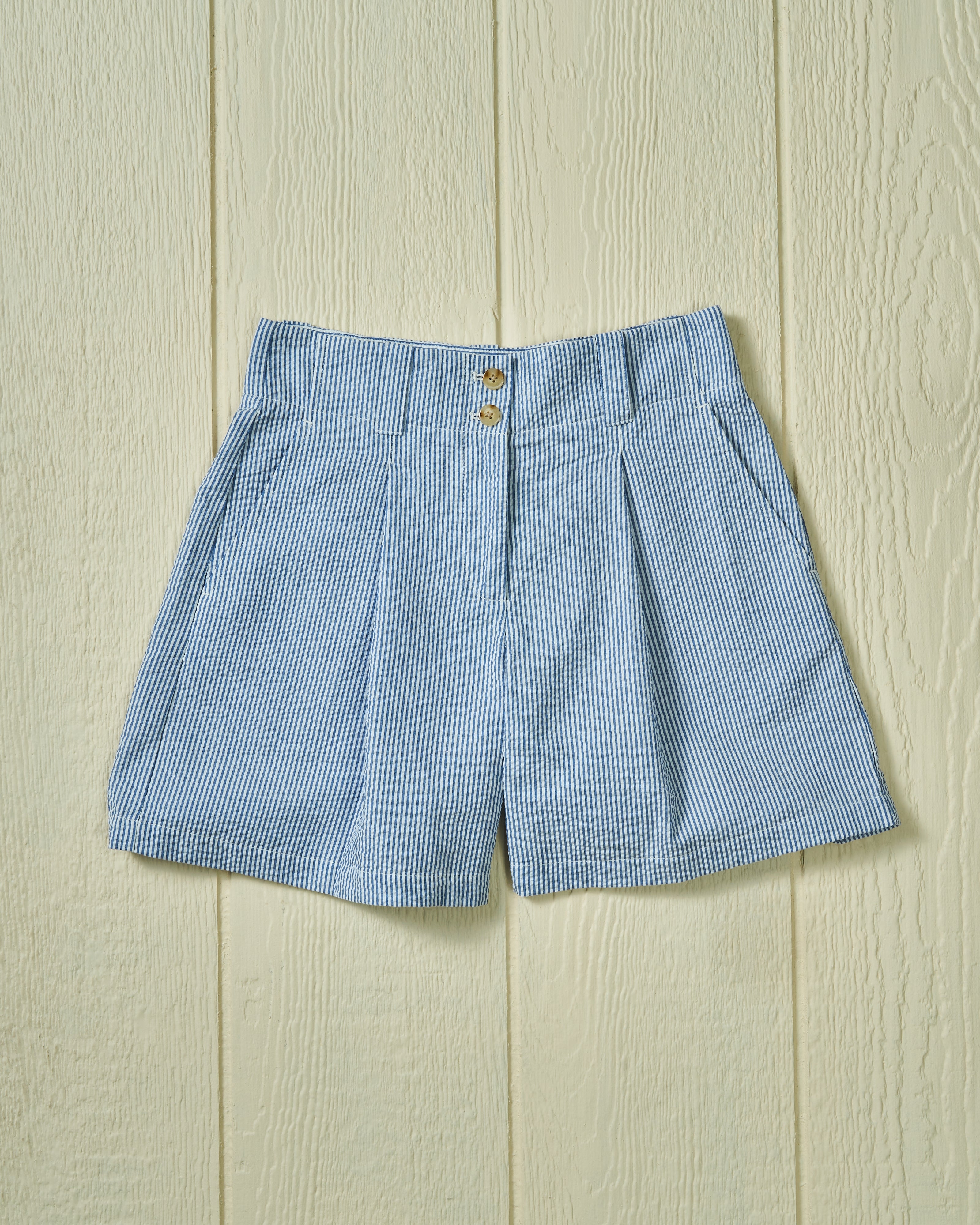Women's Navy Seersucker Pleated Shorts - Comfortable & Stylish Summer Casual Shorts for Women | Perfect for Beach, Vacation, and Everyday Wear