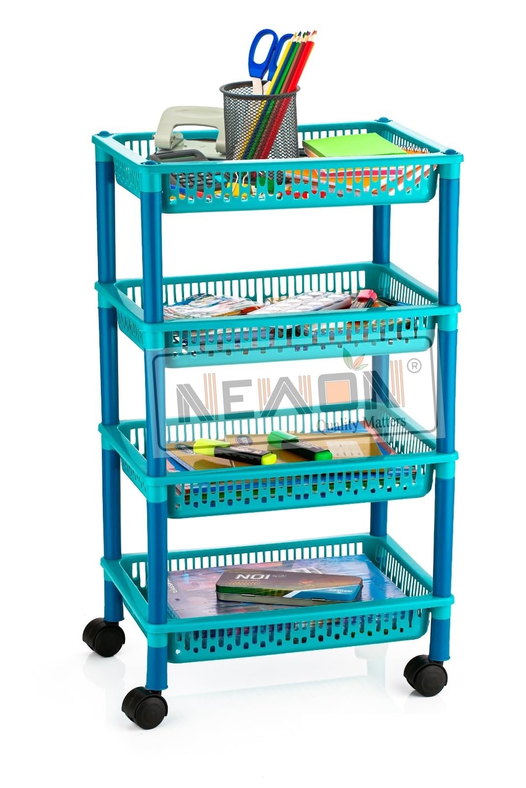 NEWON 4-Tier Rolling Kitchen Cart - Foldable Plastic Storage Organizer with Wheels for Pantry, Bathroom & Garage (4-Layer, Green) - Perfect for Organizing Spices, Toiletries & Cleaning Supplies