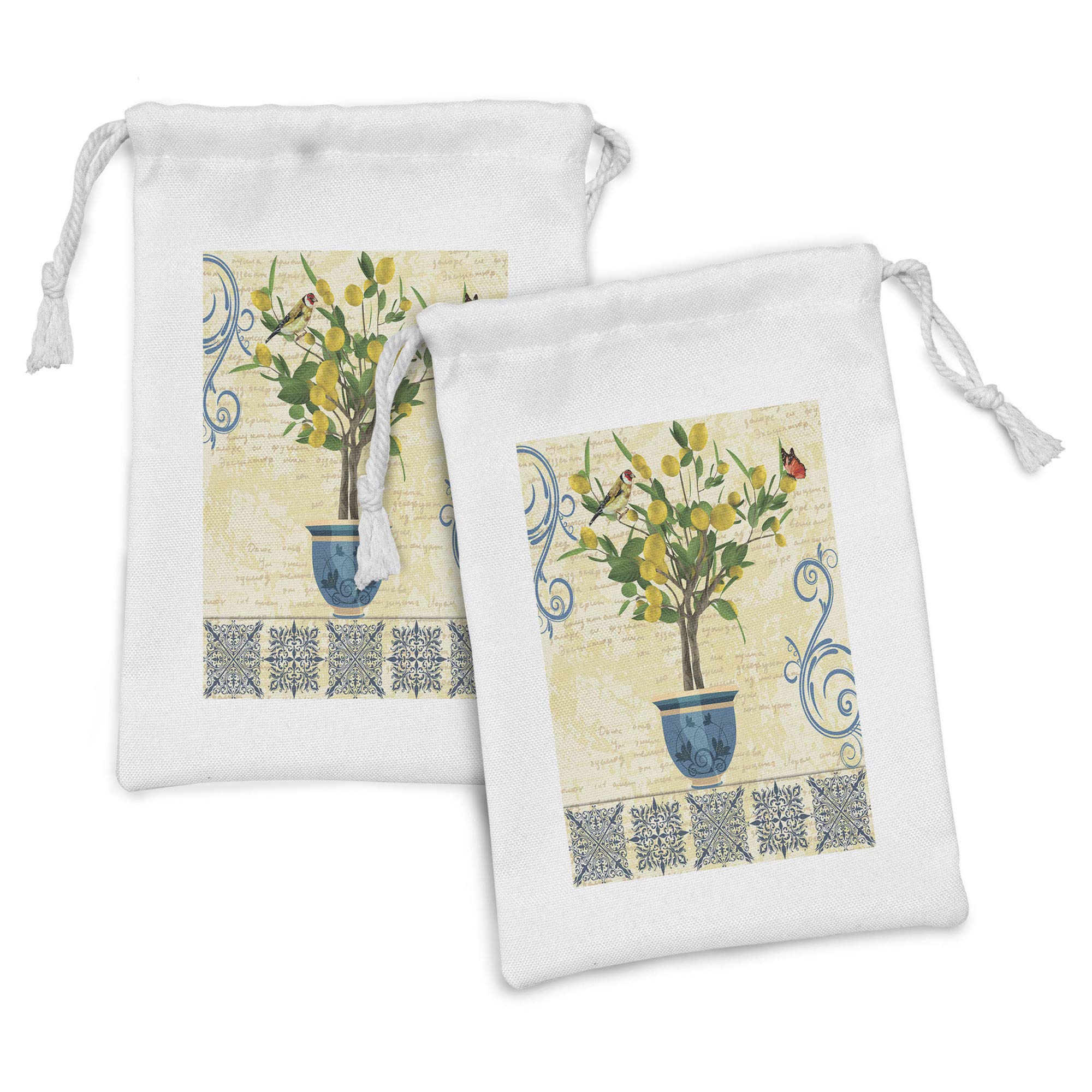 Vintage Fabric Pouch Set of 2 - Retro Lemon Tree with Sparrow & Butterfly Design, Small Drawstring Bags for Toiletries, Masks, Jewelry & Party Favors (9