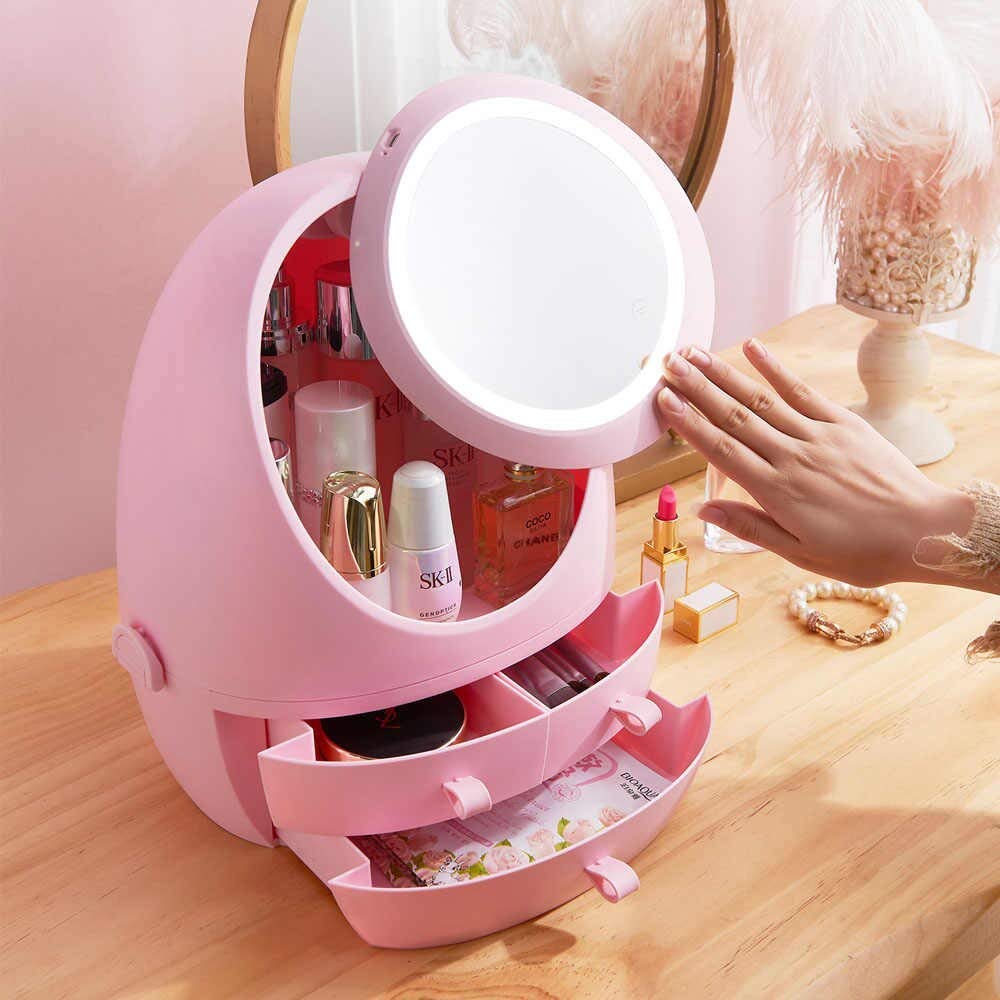 MYHEART Makeup Organizer - Rotating Mirror Cosmetic Storage Box for Jewelry & Makeup | Vanity Dresser Organizer with Desktop Mirror | Perfect for Bathroom Countertop, Bedroom Dresser & Travel Makeup Case