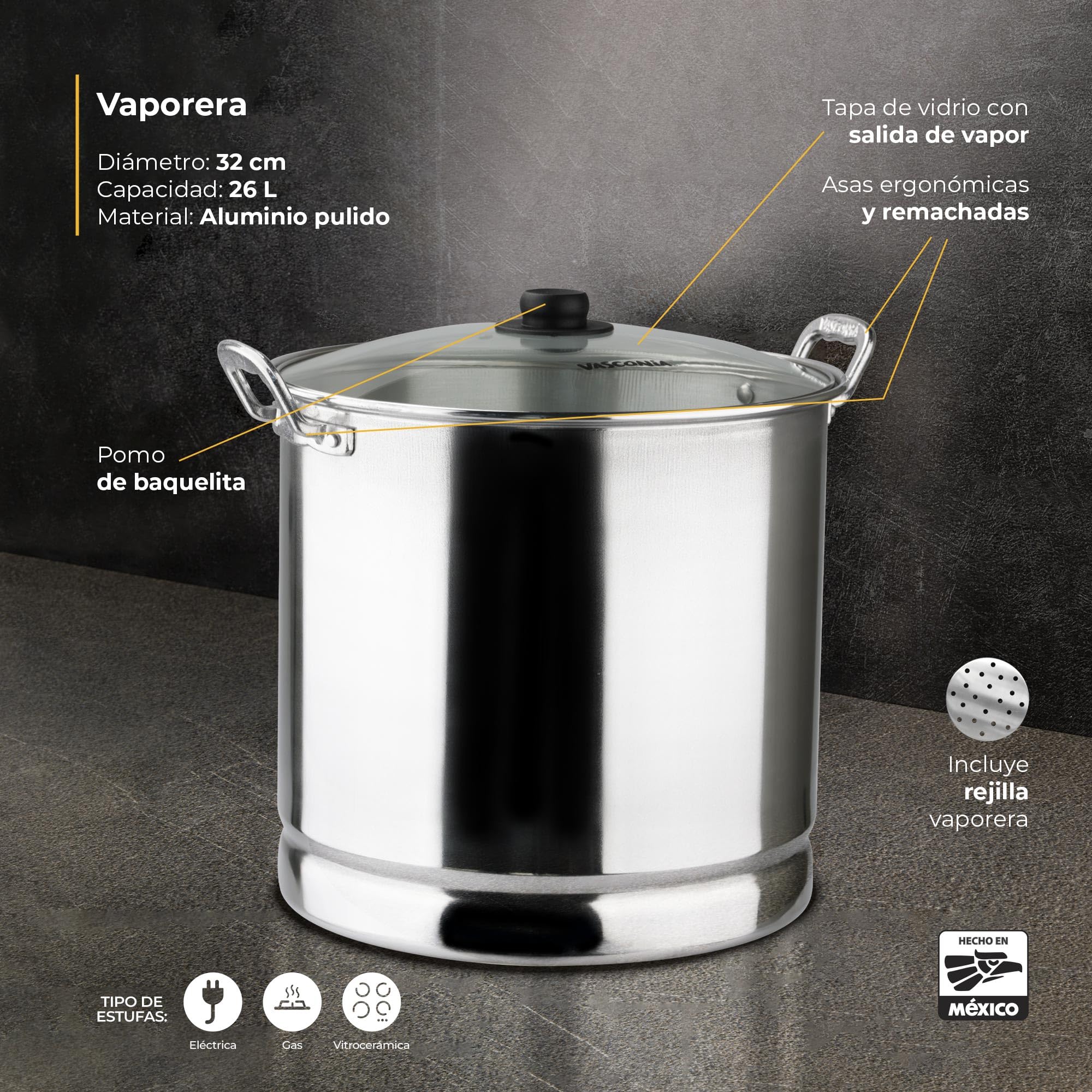 Vasconia 27.5-Quart Aluminum Steamer Pot with Tray & Glass Lid - Large Multi-Purpose Stock Pot for Tamales, Seafood, Vegetables, Soups - Stovetop Cooking Pot for Home & Restaurant Use - Hand Wash Only Kitchen Essential for Steam Cooking, Boiling & Meal Prep