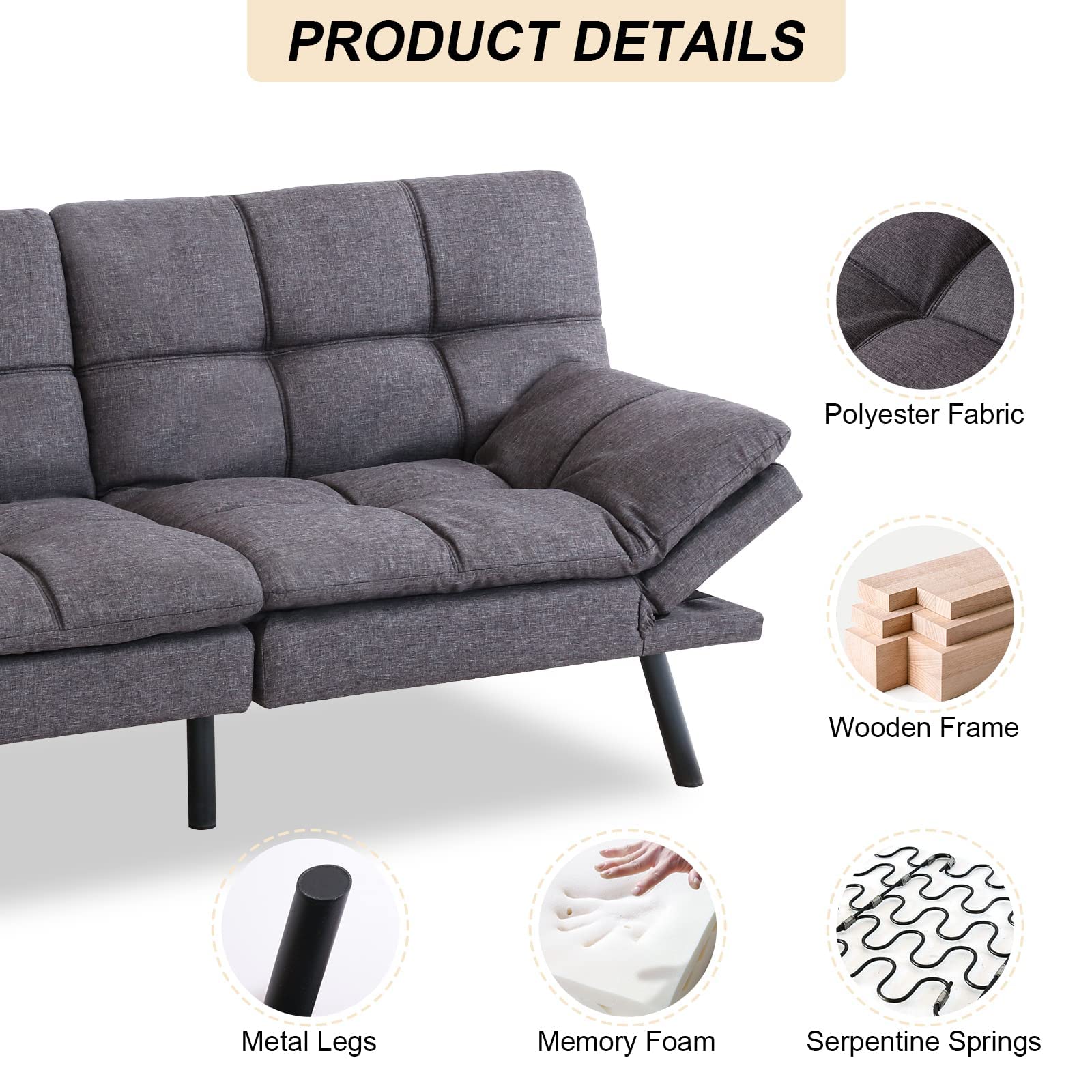 Opoiar Convertible Memory Foam Sleeper Sofa Bed - Adjustable Modern Loveseat & Futon Set for Small Spaces - Grey Sofabed for Compact Living Rooms, Apartments, Dorms & Guest Rooms | Perfect for Studio Apartments, Home Offices & Cozy Movie Nights