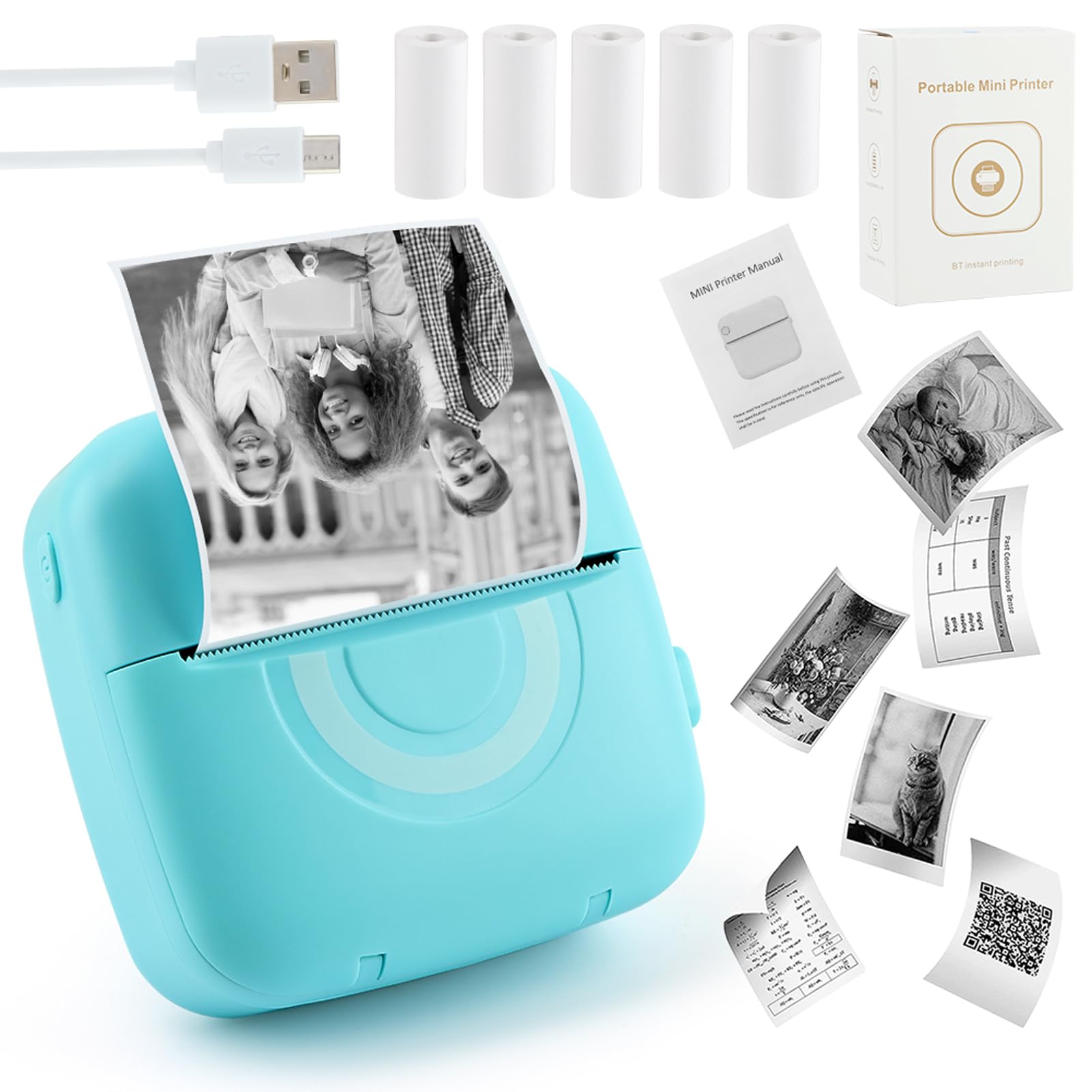 Saycker Mini Thermal Bluetooth Printer - Portable Inkless Sticker Maker for iPhone & Android, 200 DPI, 21 ppm, Includes 5 Rolls Paper (Blue) - Perfect for DIY Crafts, Labeling, Receipts & Small Business Use