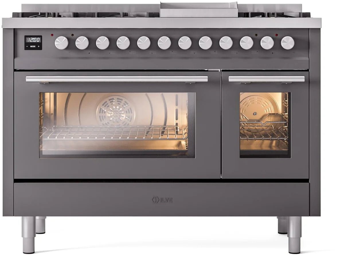 ILVE Professional Plus II 48 Inch Dual Fuel Range - Matte Graphite Finish | UP48FWMPMG | Commercial-Grade Gas & Electric Stove for Home Kitchen & Restaurant Use