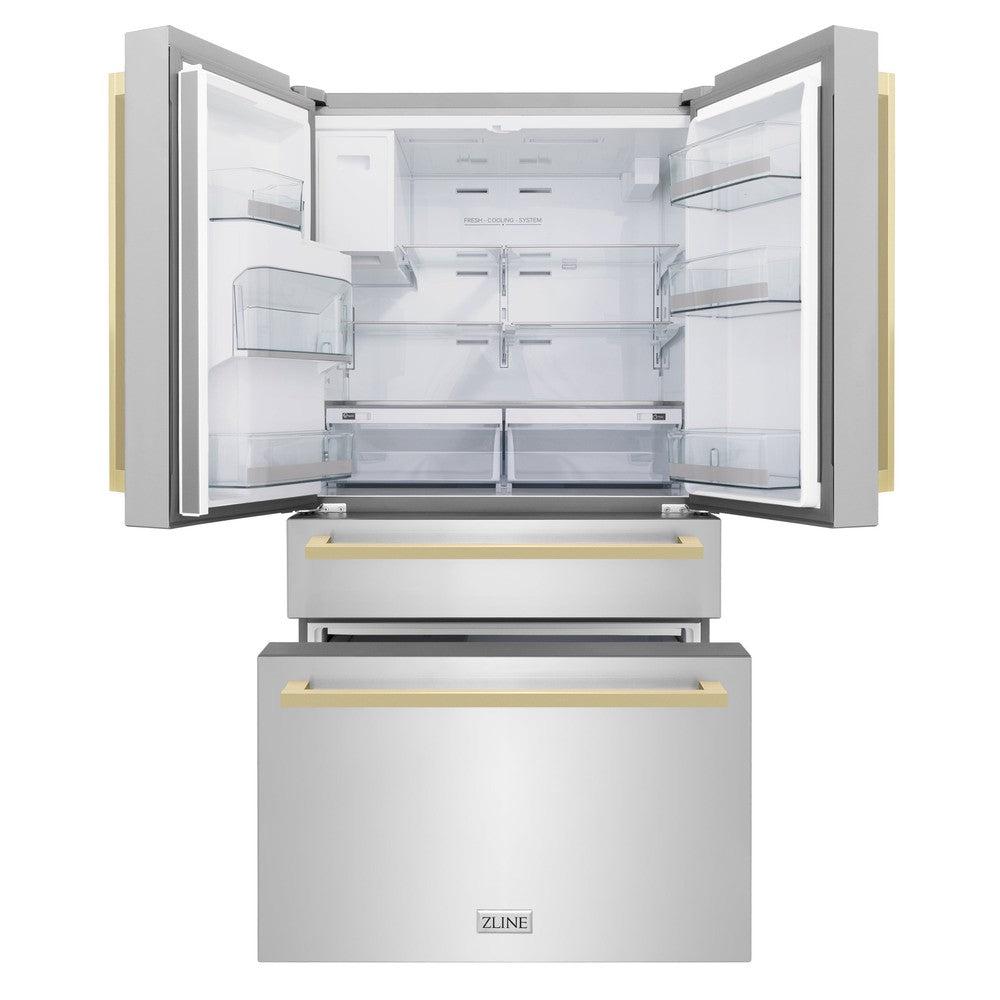 ZLINE Autograph Edition 36 Inch Counter Depth French Door Refrigerator - 21.6 cu ft Capacity, Fingerprint Resistant Stainless Steel, Champagne Bronze Handles, Built-in Water & Ice Dispenser - Perfect for Modern Kitchens, Open Concept Homes & Entertaining Spaces (RFMZ W 36 FCB)