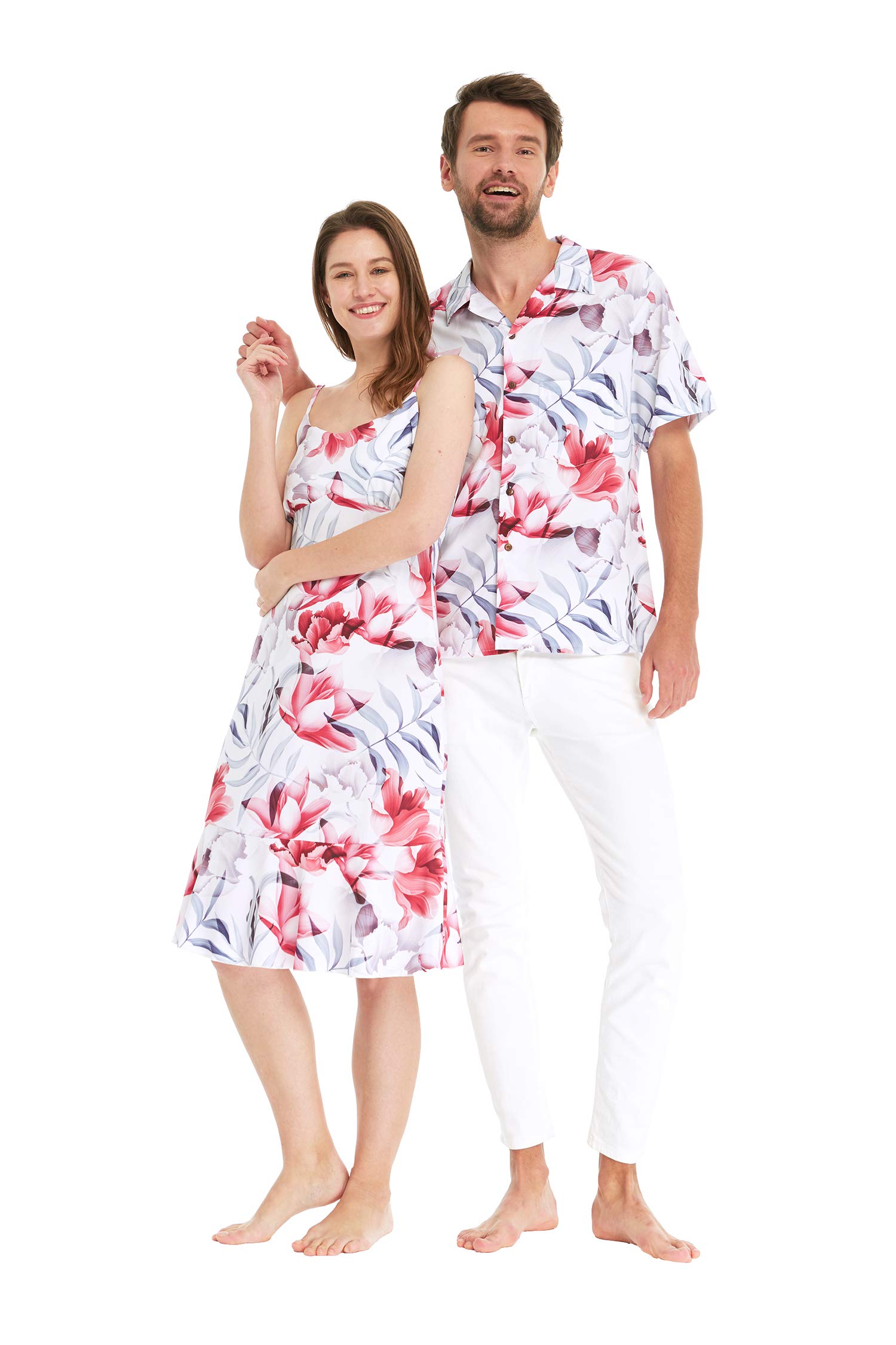 Stylish Matching Couple Hawaiian Luau Shirts & Mermaid Ruffle Dresses in Misty Lotus White - Perfect for Beach Vacations, Summer Parties & Tropical Getaways