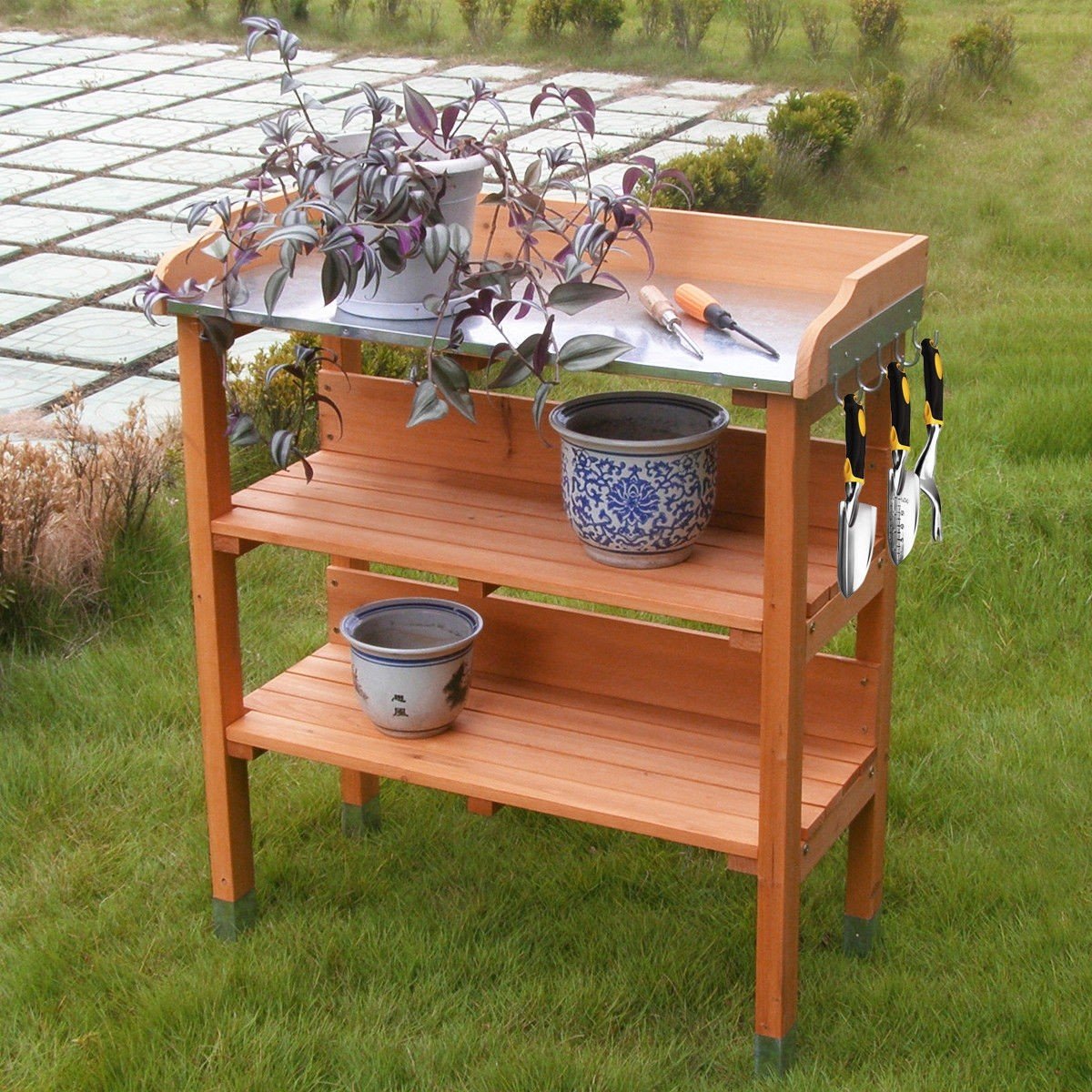 Sturdy Solid Wood Outdoor Garden Potting Bench with Shelves - Heavy Duty Planting Workstation for Gardening, Potting, and Organizing Tools - Perfect for Backyard, Greenhouse, and DIY Projects (Series 3)