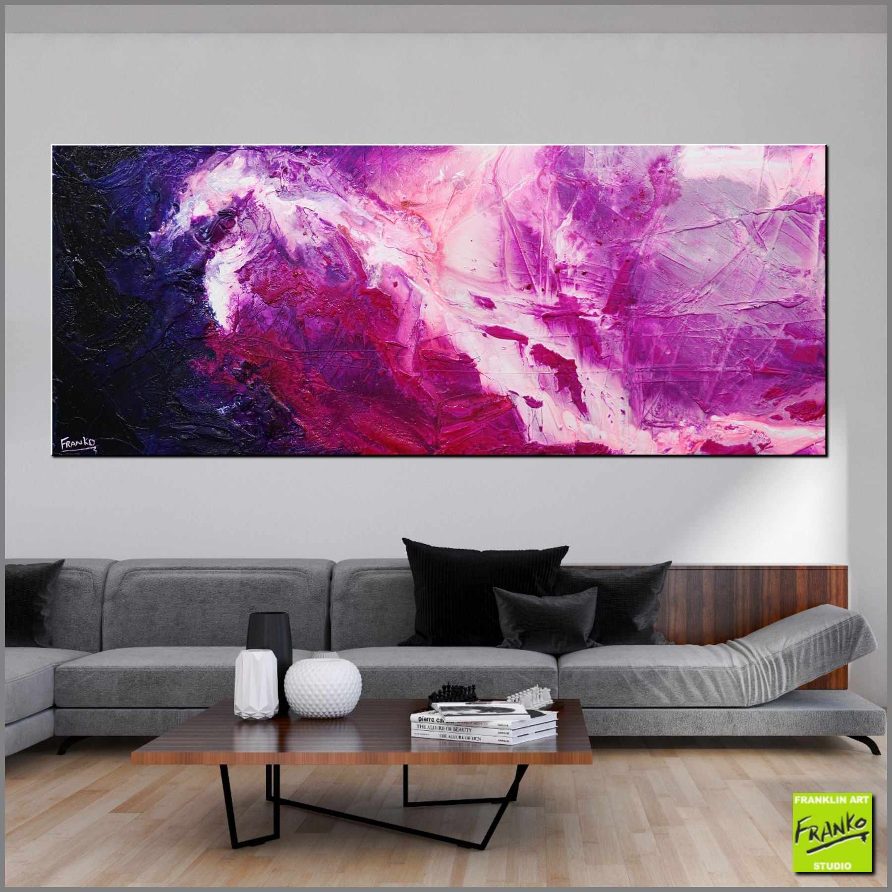 Atomic Colour Bomb 200cm x 80cm Pink Purple White Textured Abstract Canvas Art - Modern Wall Decor for Living Room, Bedroom & Office