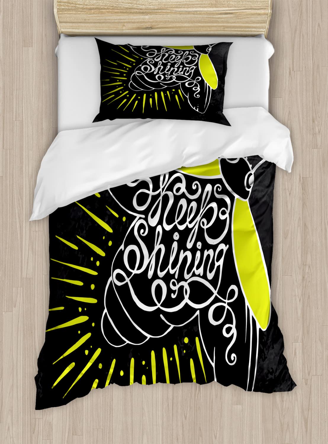 Ambesonne Firefly Duvet Cover Set - Twin Size 2-Piece Bedding with Beetle & Calligraphy Design in Blue Grey Yellow Green | Motivational Art Bedroom Decor for Teens & Adults