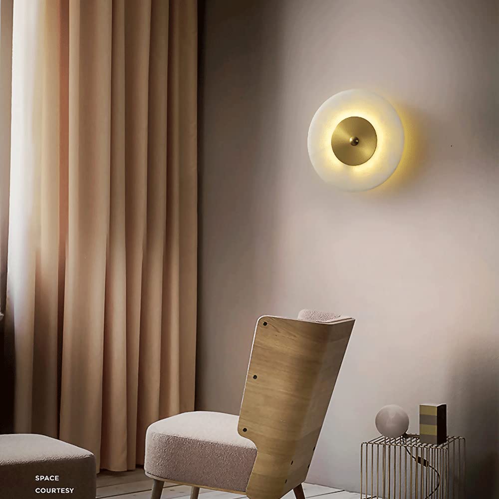 Modern Round Copper Wall Sconce with Marble Shade - LED Wall Mounted Light Fixture for Bedroom Headboard, Living Room, Hallway & Study - Dimmable Ambient Lighting for Home Decor