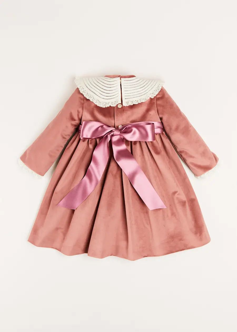 Velvet Handmade Collar Long Sleeve Dress for Girls 2-10 Years | Elegant Pink Party Dress for Birthday, Christmas & Special Occasions