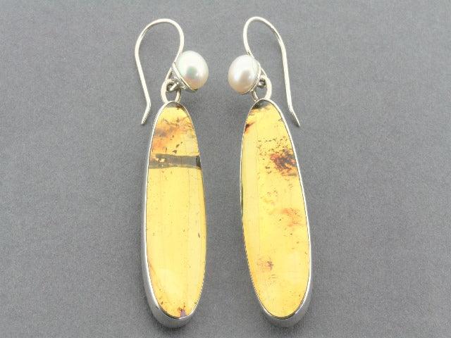 Long Amber & Pearl Earrings Sterling Silver - Elegant Dangle Earrings for Women, Perfect for Weddings, Parties & Special Occasions