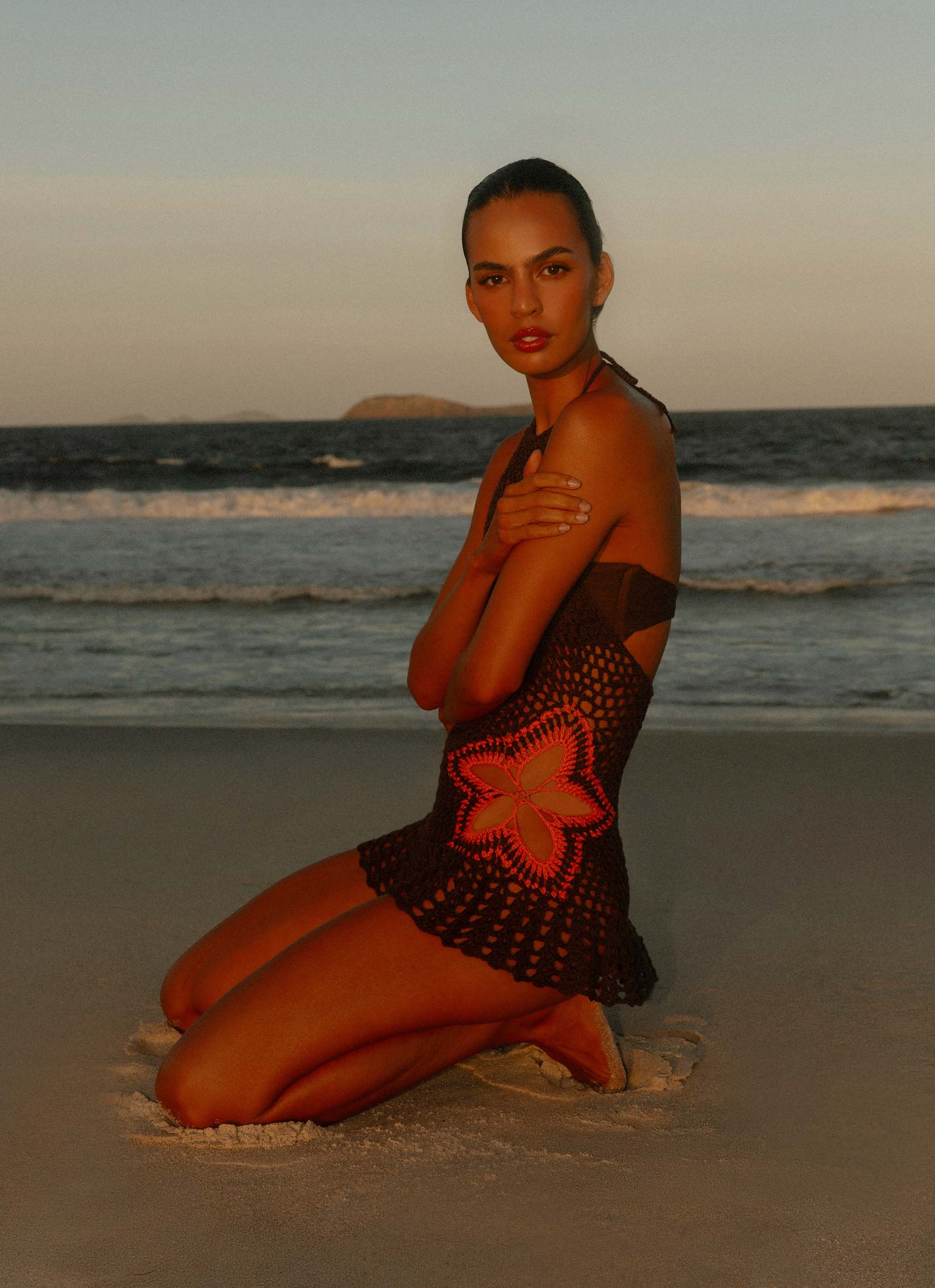 Crochet Mini Dress for Women - Henley Neckline, Chocolate Brown, Summer Boho Style | Perfect for Beach Vacations, Music Festivals, and Date Nights