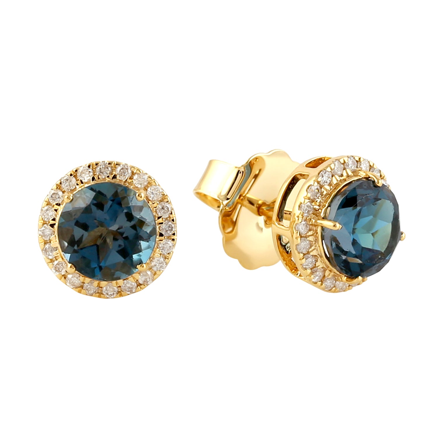 18K Yellow Gold London Blue Topaz Pave Diamond Stud Earrings – Elegant Jewelry for Women, Perfect Gift for Birthday, Anniversary & Special Occasions