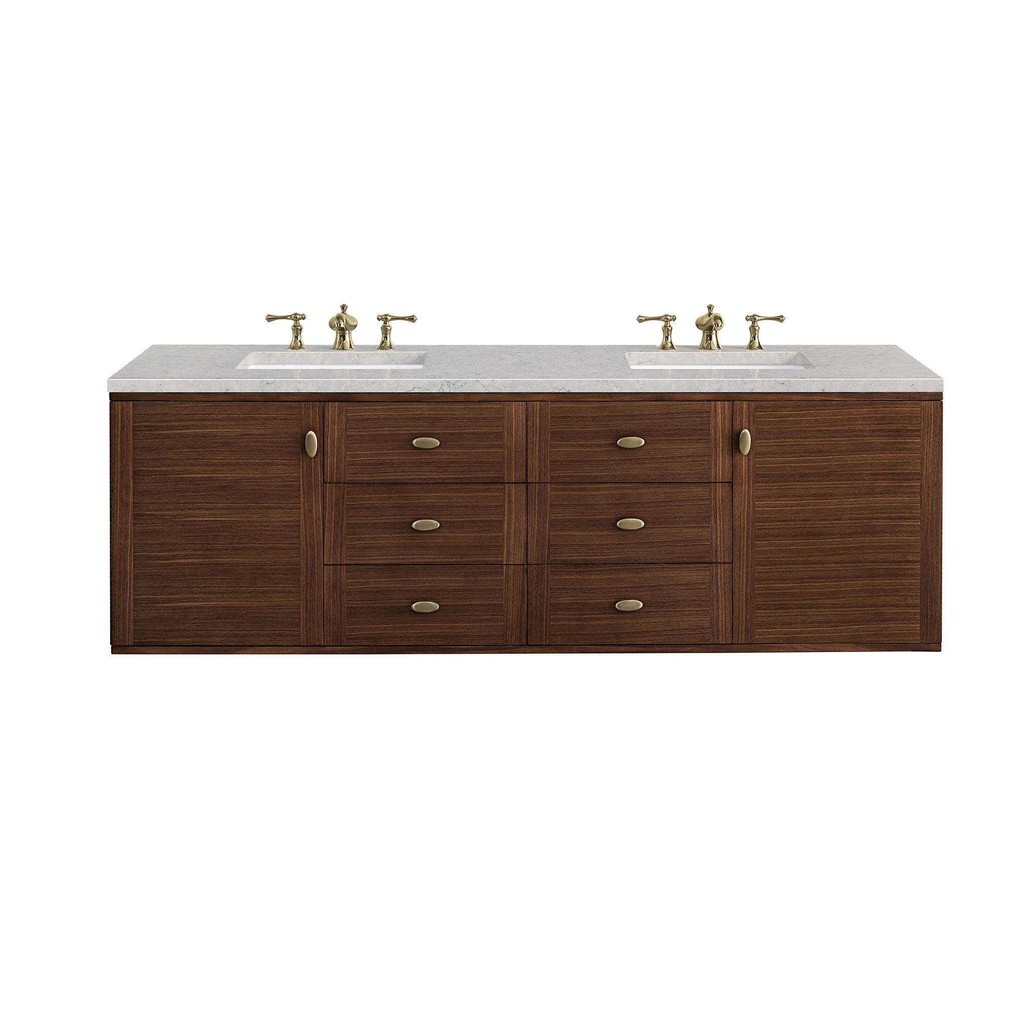 Amberly 72 Inch Double Vanity with 3CM Eternal Jasmine Pearl Top - Mid Century Modern Walnut Bathroom Vanity for Master Bath & Guest Bathroom