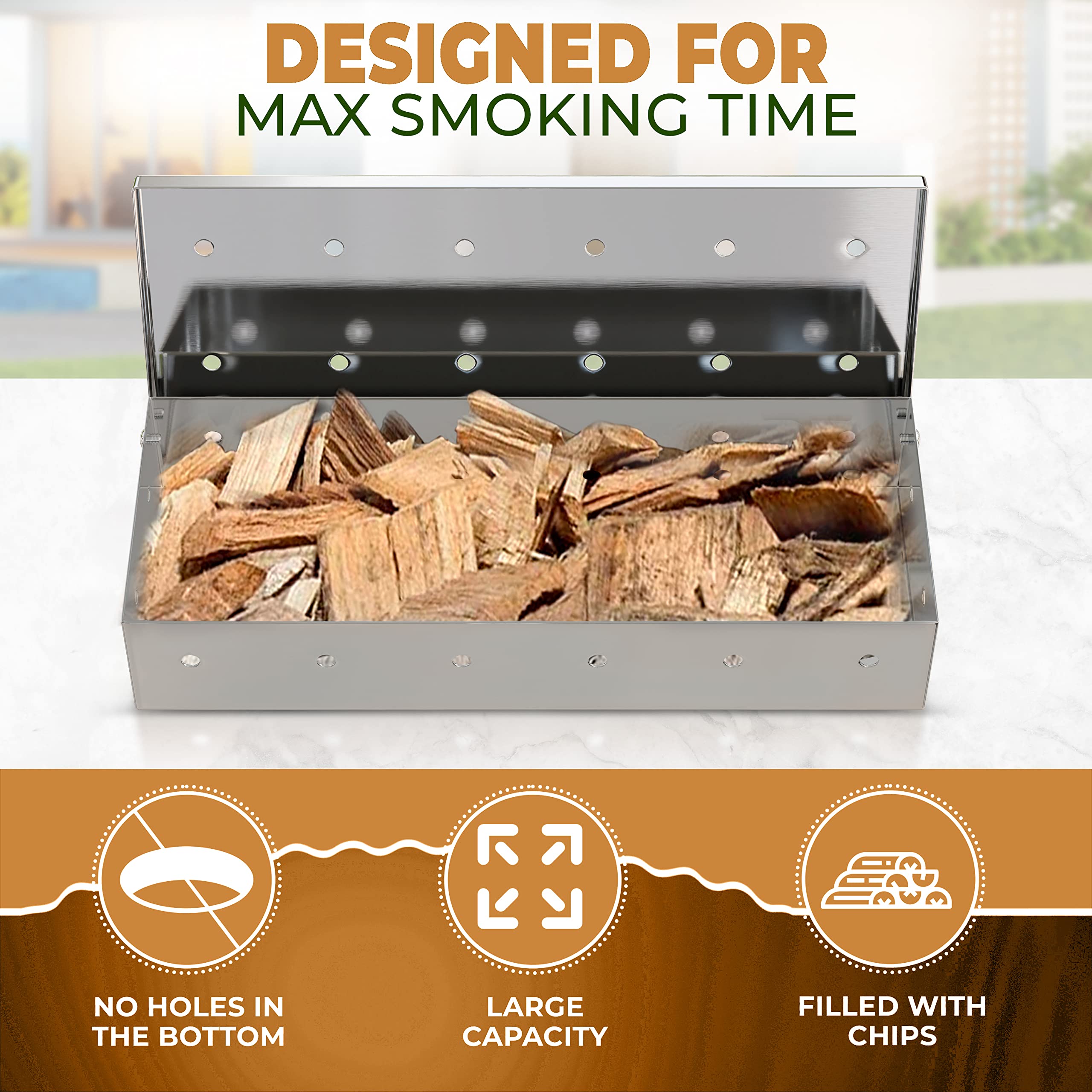 Premium Smoker Box for Gas Grill - Pre-Filled with Oak Wood Chips - Enhance BBQ Flavor on Propane & Pellet Grills - Perfect for Backyard BBQs, Tailgating & Outdoor Cooking