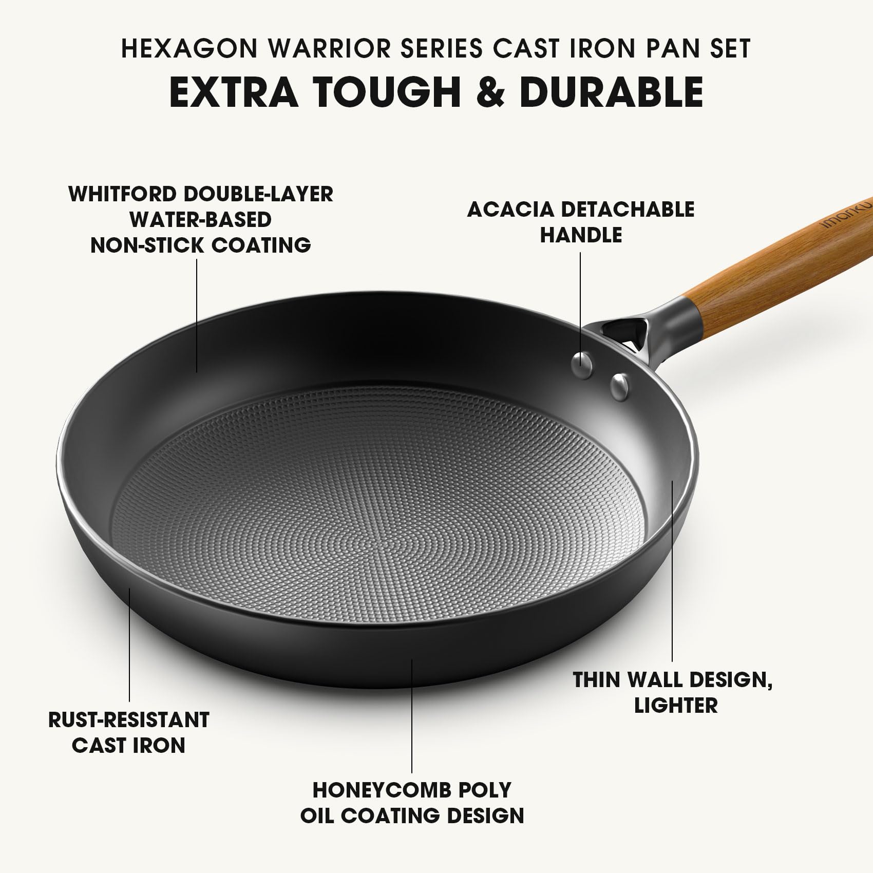 **Imarku Non-Stick Cast Iron Skillets - 8, 10 & 12 Inch Professional Frying Pan Set | Dishwasher Safe, Detachable Handle | Perfect for Home Cooking, Camping & Gifts for Women & Men**