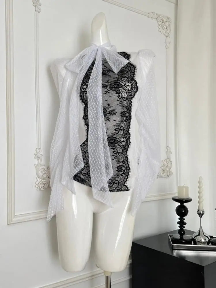 Vintage French Black & White Polka Dot Patchwork Lace-Up Blouse with Bow Detail - Long Sleeve Zipper Top for Women | Autumn Fashion, Retro Style, Office Wear & Date Night Outfits