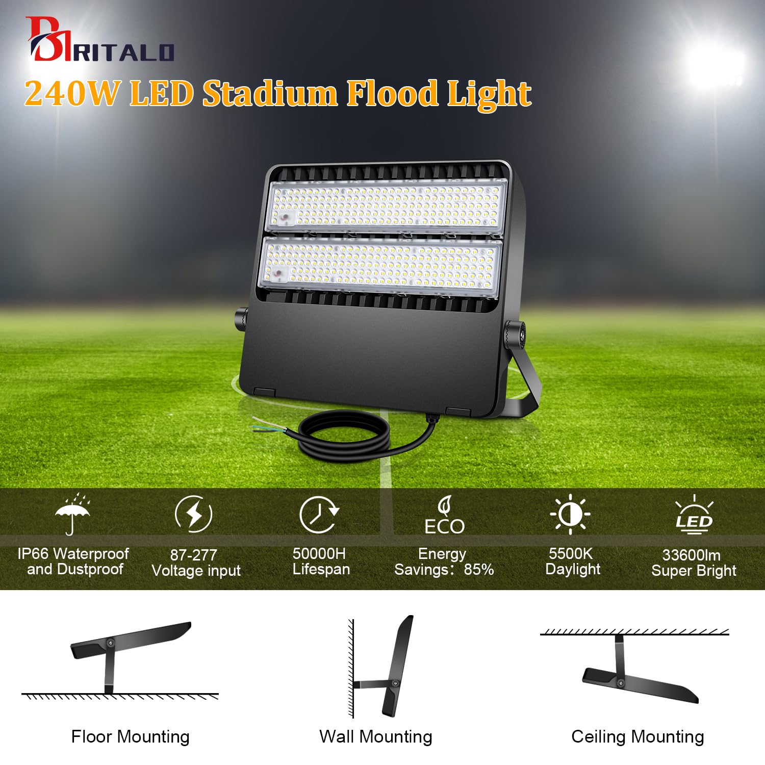 36000LM 1500W Equivalent LED Stadium Flood Light - 240W Shoebox Fixture with 5500K Daylight, 85-277V Waterproof Outdoor Arena Lighting - Perfect for Courts, Streets, Yards, Parking Lots & Sports Fields (3 Pack)