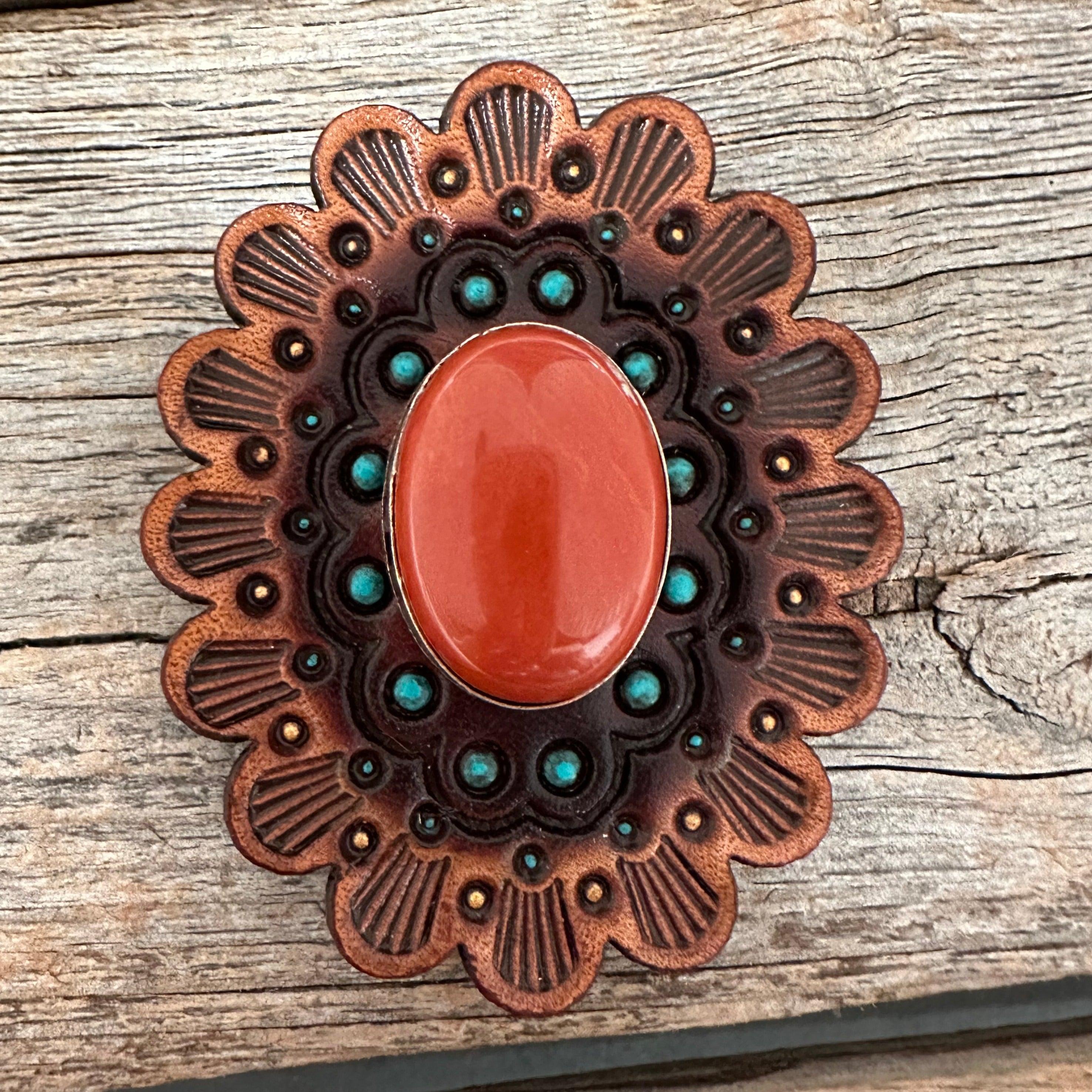 Western Leather Rosette Concho with Rust Cabochon - Medium Size Oil-Edged Belt Buckle for Cowboy Boots & Western Fashion Accessories