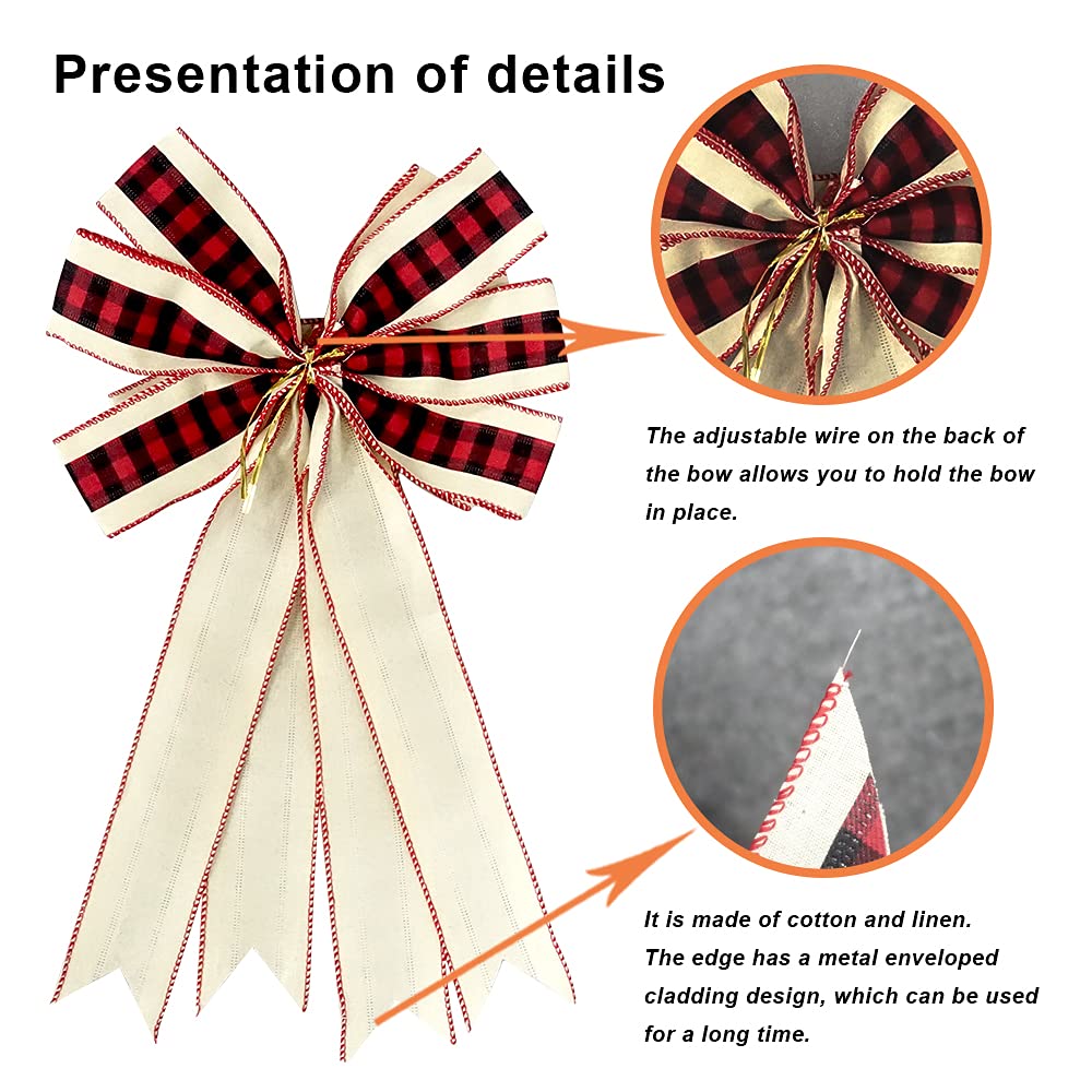 Large Christmas Bow for Wreath Decor - Red Black Buffalo Plaid Bows for Front Door, Wall & Fence - Red Beige Wreath Bow & Tree Topper - Perfect for Winter Christmas Party, Holiday Home Decor & Festive Gift Wrapping