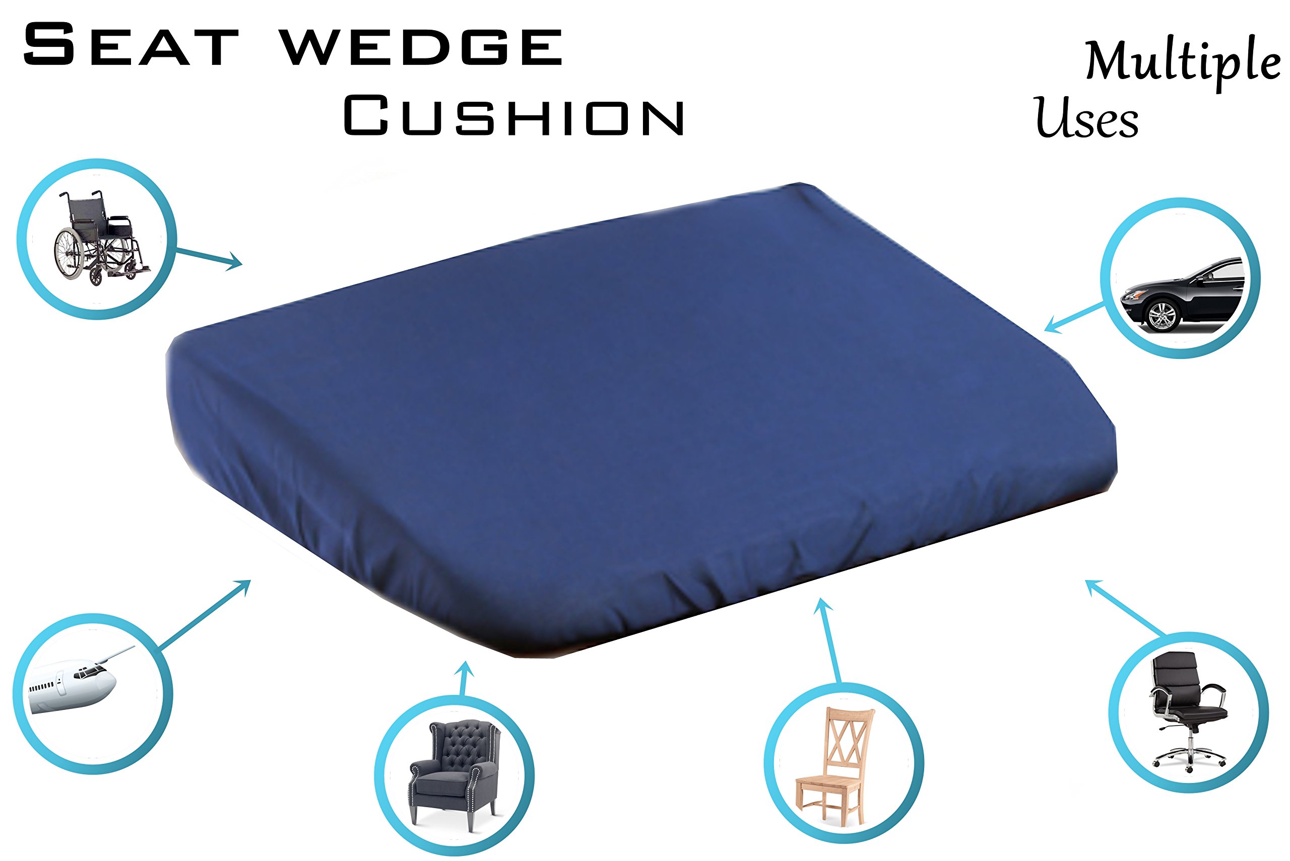 Orthopedic Wedge Cushion for Office Chair - Memory Foam Seat Cushion for Back Pain Relief & Posture Support - Pressure Relief Pillow for Sciatica & Tailbone Pain - Navy Blue Poly/Cotton Cover (Single Pack) - Perfect for Office Workers, Long-Distance Drivers & Home Use