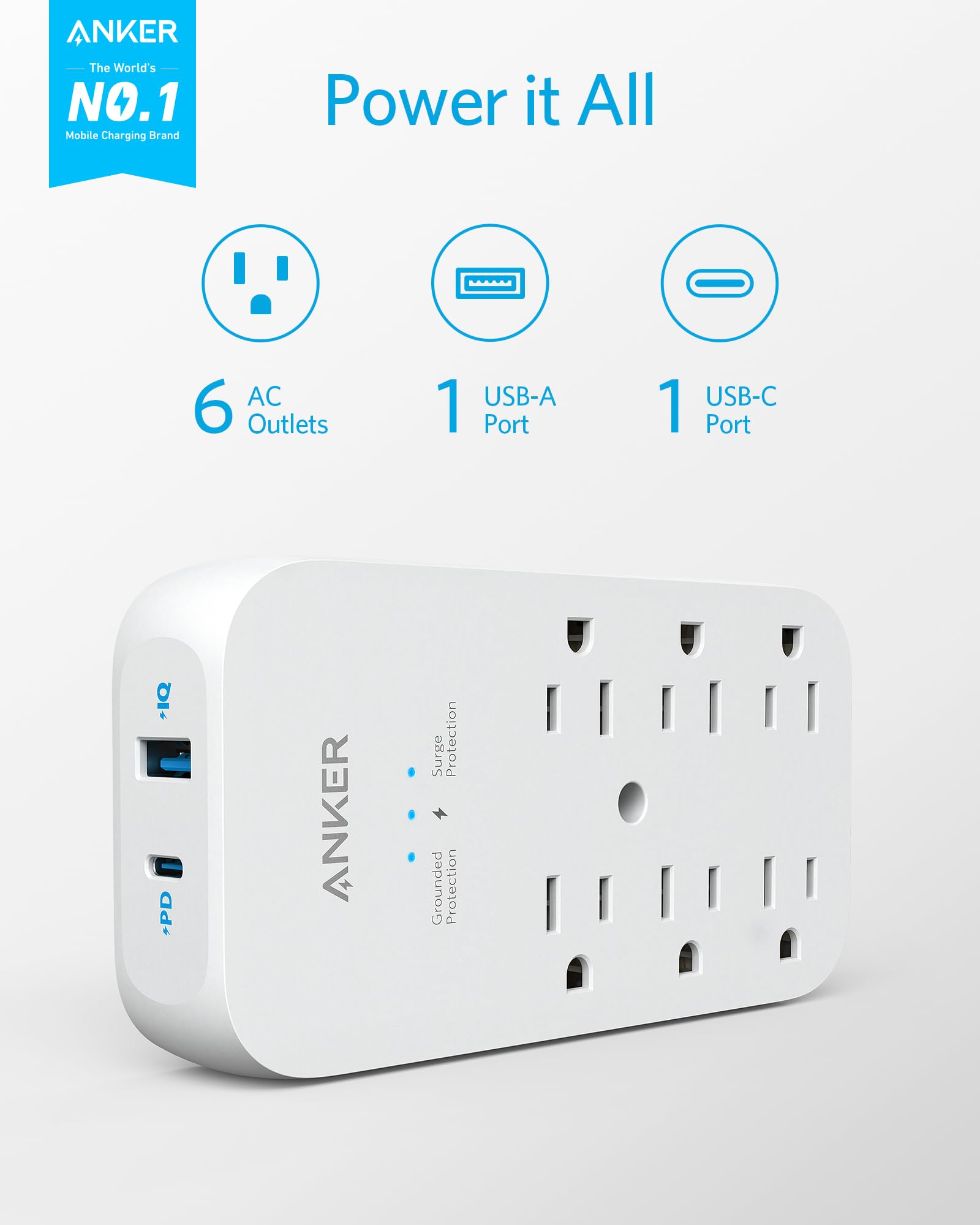 Anker 6-Outlet Extender with 2 USB Ports & 20W USB-C Power Delivery - Fast Charging Wall Adapter (2-Pack) - Perfect for Home, Office & Travel Charging Multiple Devices