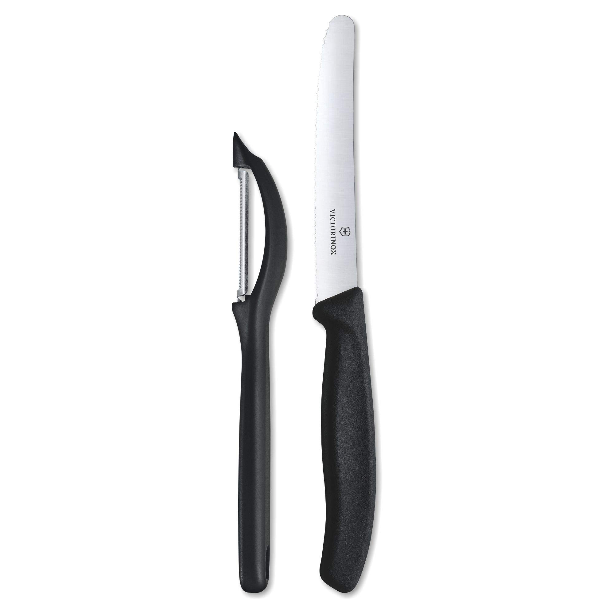 Victorinox Swiss Made Stainless Steel Kitchen Knife Set - 2 Piece Wavy Edge Knife & Peeler | Black Kitchen Tools for Slicing, Peeling & Food Prep | Perfect for Home Chefs & Professional Kitchens