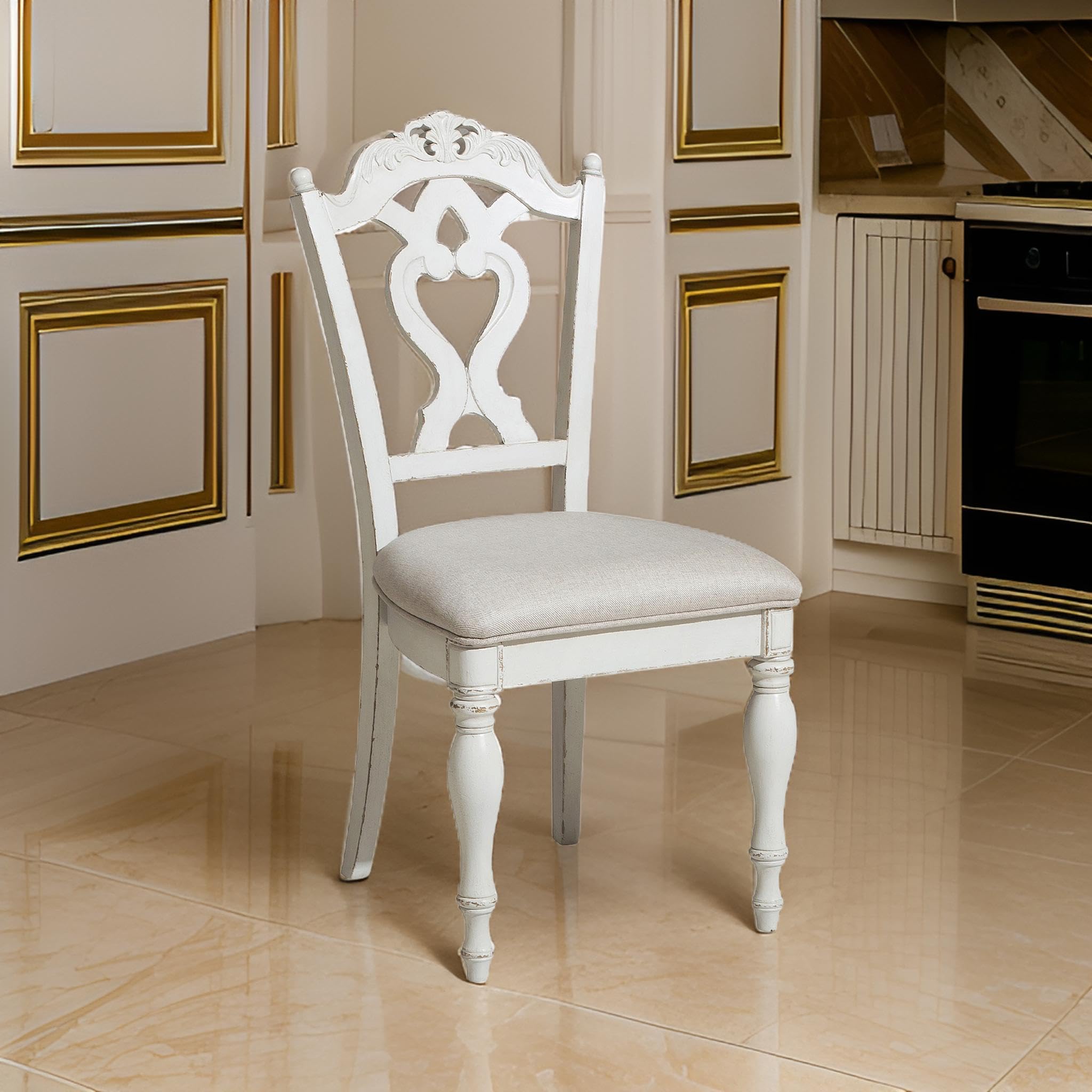 Benjara Victorian Style Writing Desk Chair with Engraved Backrest - White Antique Office Chair for Study, Home Office & Library - Elegant Wooden Accent Chair with Carved Details