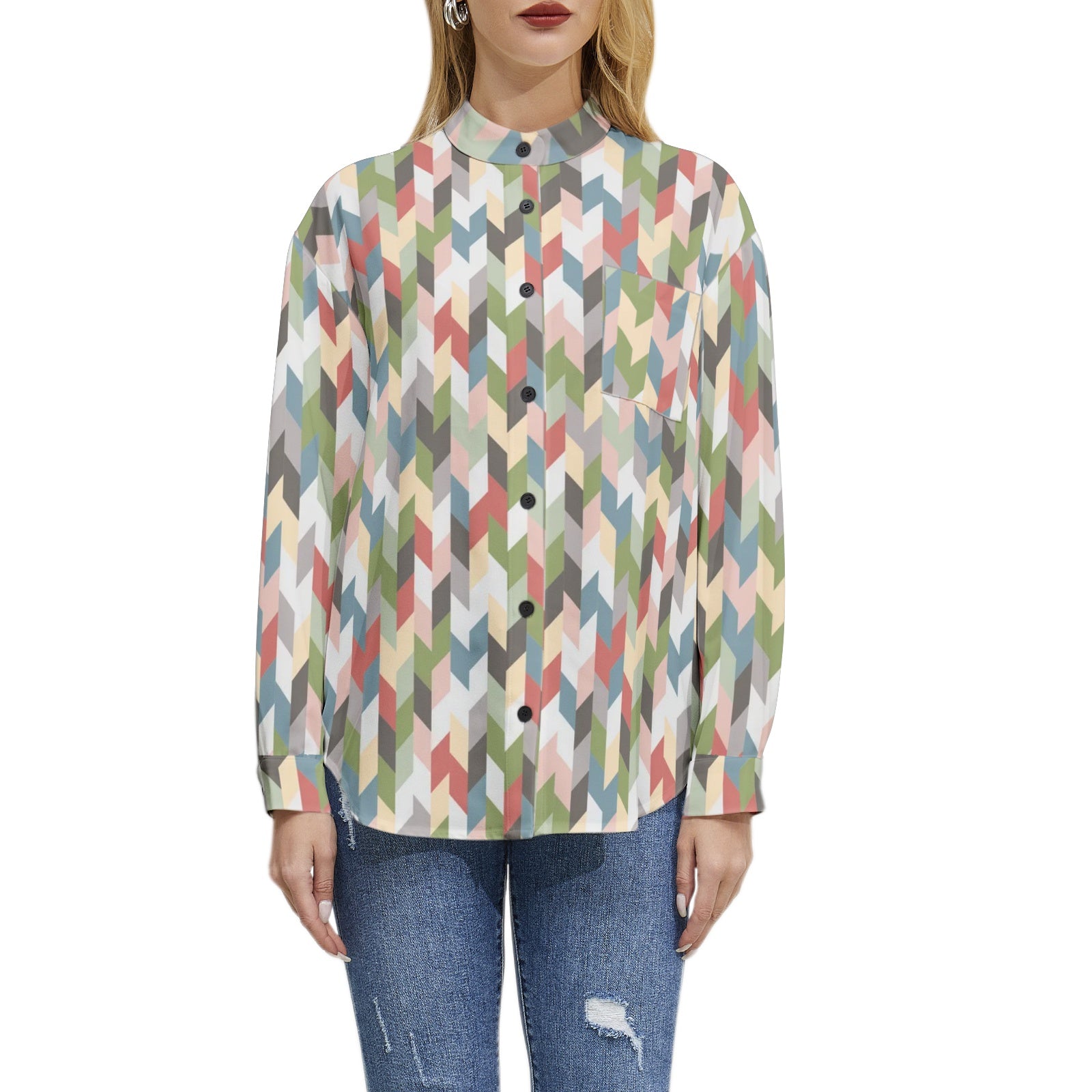 Pastel Retro Long Sleeve Button Up Shirt for Women - Vintage Casual Blouse for Spring & Summer - Perfect for Office, Date Night & Outdoor Activities