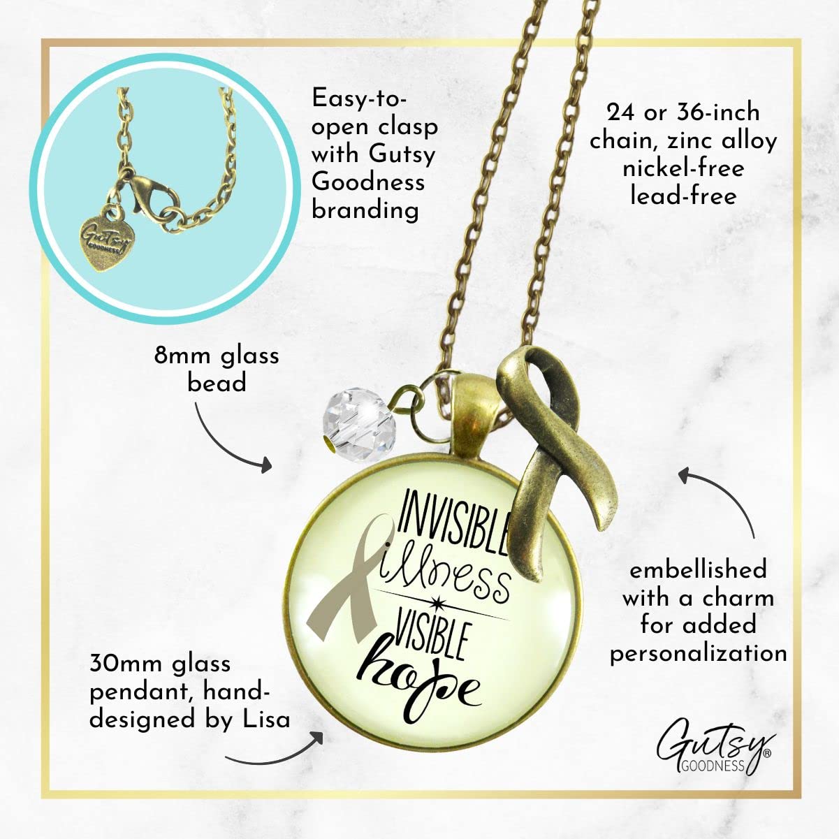 Invisible Illness Awareness Ribbon Necklace - Hope Charm Jewelry for Chronic Illness Support & Daily Wear