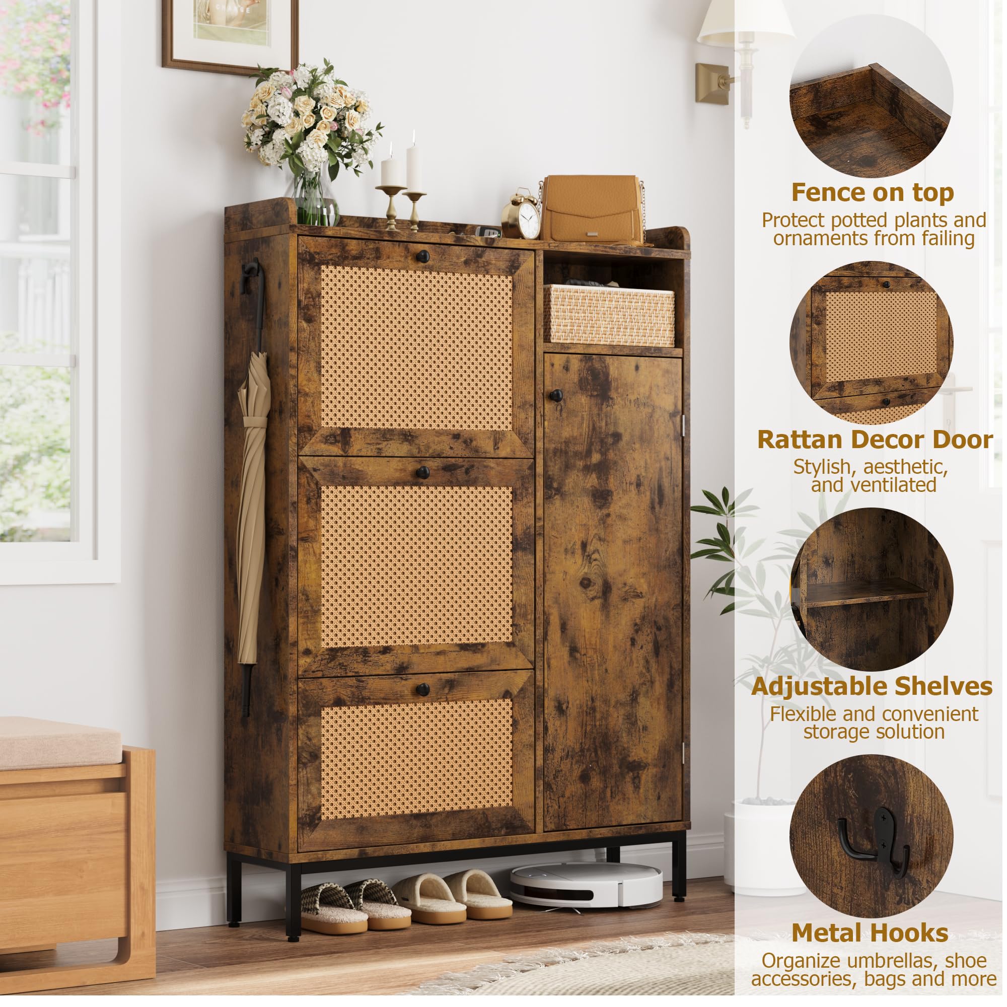 **3-Tier Rattan Shoe Storage Cabinet with Flip Drawers - Freestanding Entryway Organizer, Adjustable Shelves for Hallway & Closet - Easy Assembly, Brown - Perfect for Small Spaces & Shoe Organization**