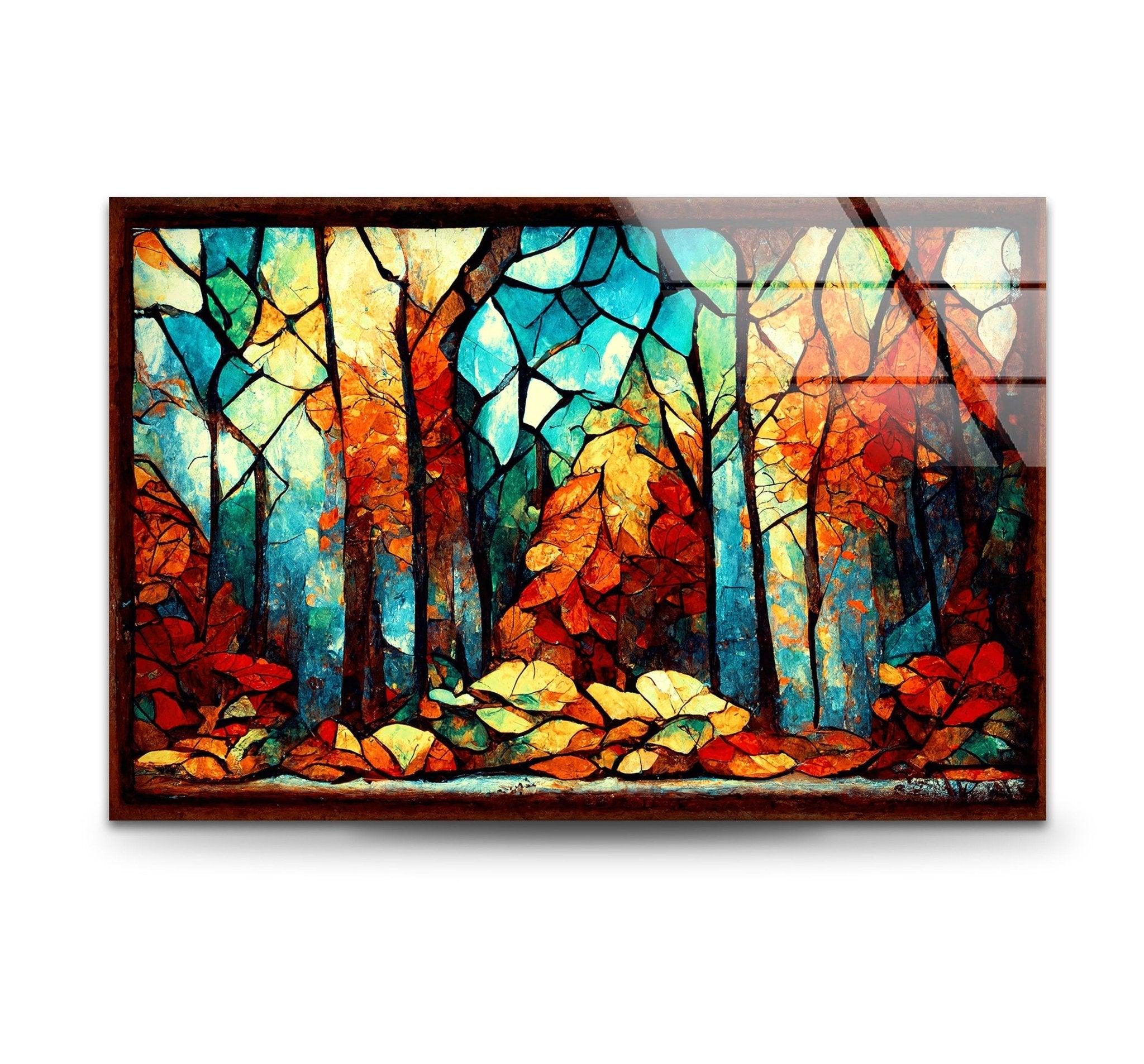 Autumn Forest Stained Glass Wall Art - Handmade Nature Inspired Window Hanging Decor for Living Room, Bedroom & Office - Perfect for Home Decor, Gifts & Meditation Spaces