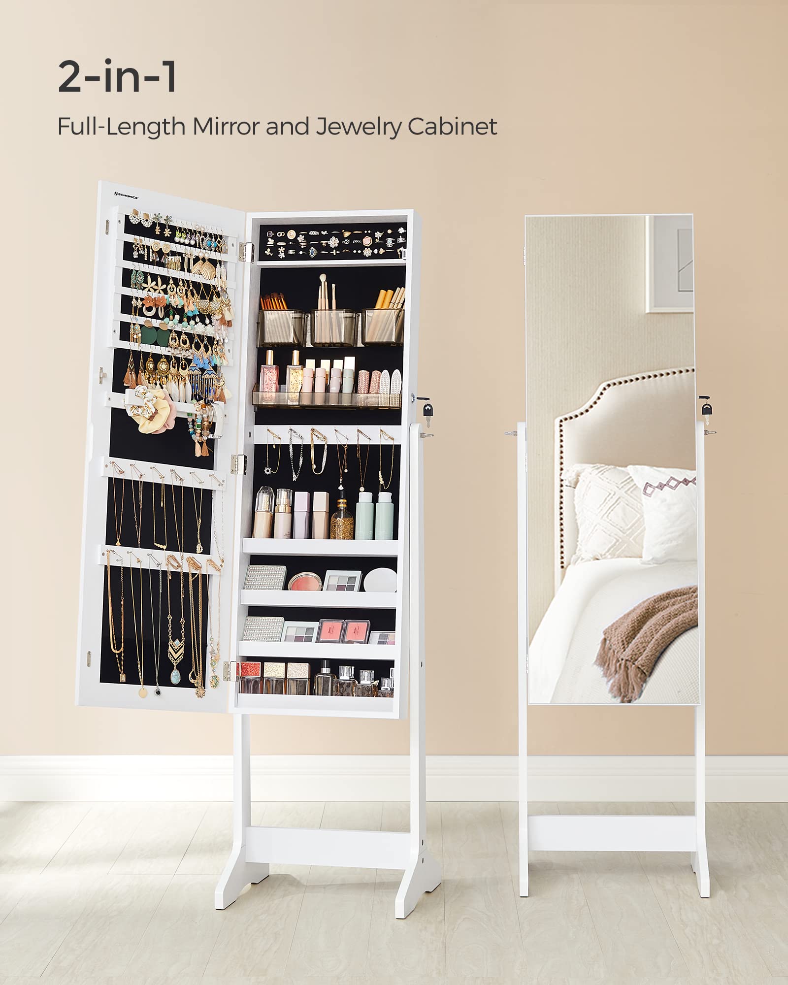 SONGMICS Jewelry Cabinet Armoire with Lock - Freestanding Jewelry Organizer with 2 Cosmetic Drawers & Full-Length Mirror - Necklace & Earring Storage - White UJJC002W01 - Perfect for Bedroom, Dressing Room & Closet Organization