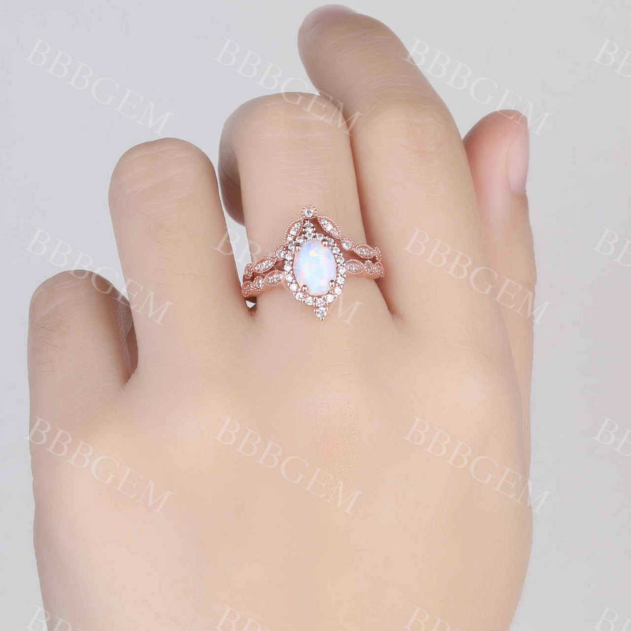 Vintage Oval White Opal Engagement Ring Set with Marquise Chevron Wedding Band & Halo Diamonds - Perfect for Proposals, Anniversaries & Bridal Jewelry Gifts
