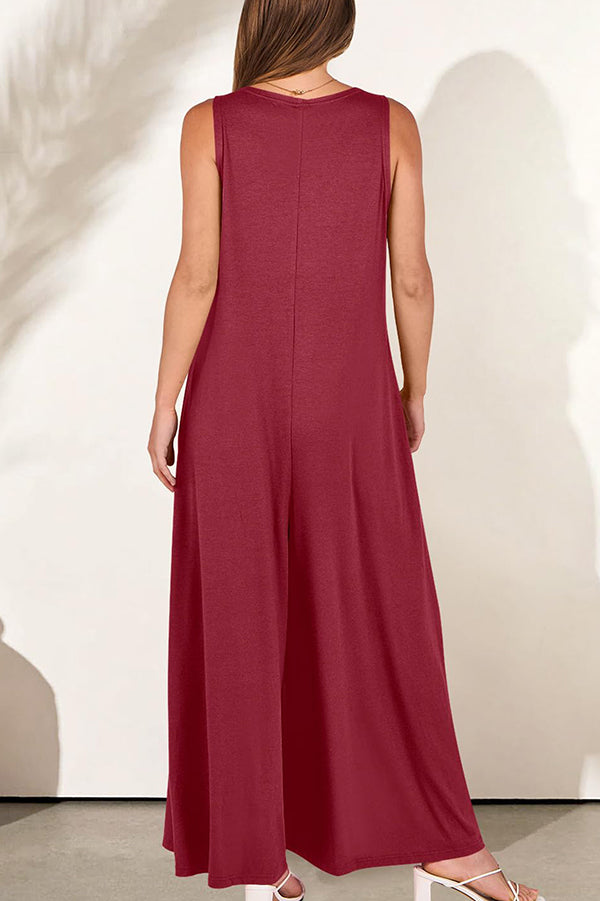 Solid Color V-Neck Sleeveless Loose Pocket Wide Leg Jumpsuit for Women - Casual Summer Outfit, Beach Cover Up, Vacation Wear