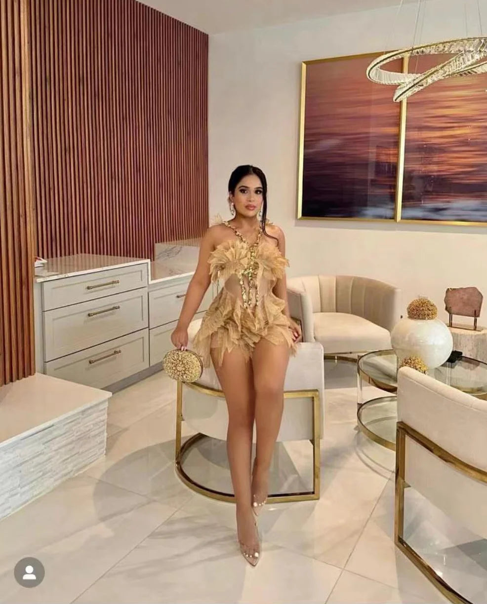 Gold Sequin Halter Mini Dress for Women - Sexy Bodycon Club Dress with Crystal Details, Perfect for Birthday Parties, Nightclub, Bar, and Stage Performances