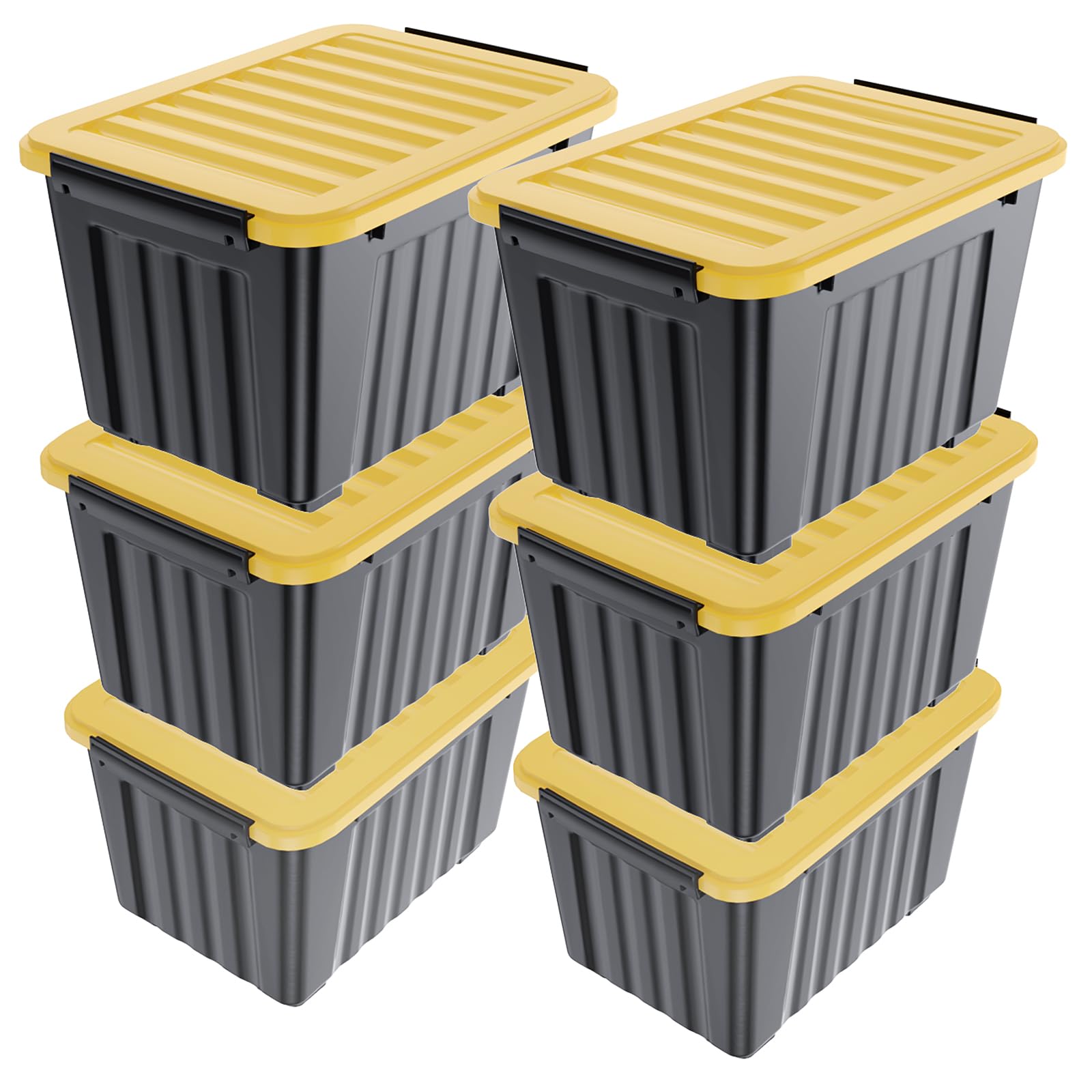 Nazhura 72-Quart Plastic Storage Bins (6-Pack) - Stackable, Nestable Organizing Containers with Secure Latching Buckles & White Lids - Large Storage Boxes for Home, Office, Garage Organization (Black/Yellow) - Perfect for Seasonal Decor, Toys, Clothes & Household Items Storage