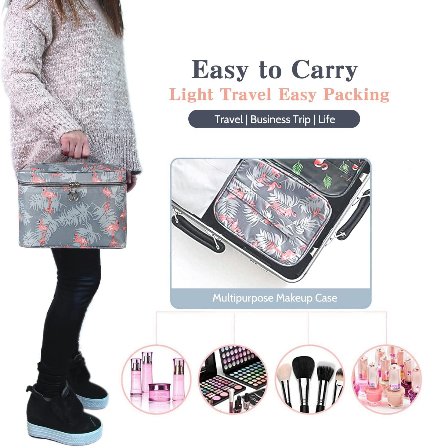 **Favria Waterproof Extra Large Cosmetic Bag for Women - Travel Makeup Organizer & Toiletry Pouch, Grey Flamingo Print - Perfect for Travel, Gym, and Daily Essentials Storage**