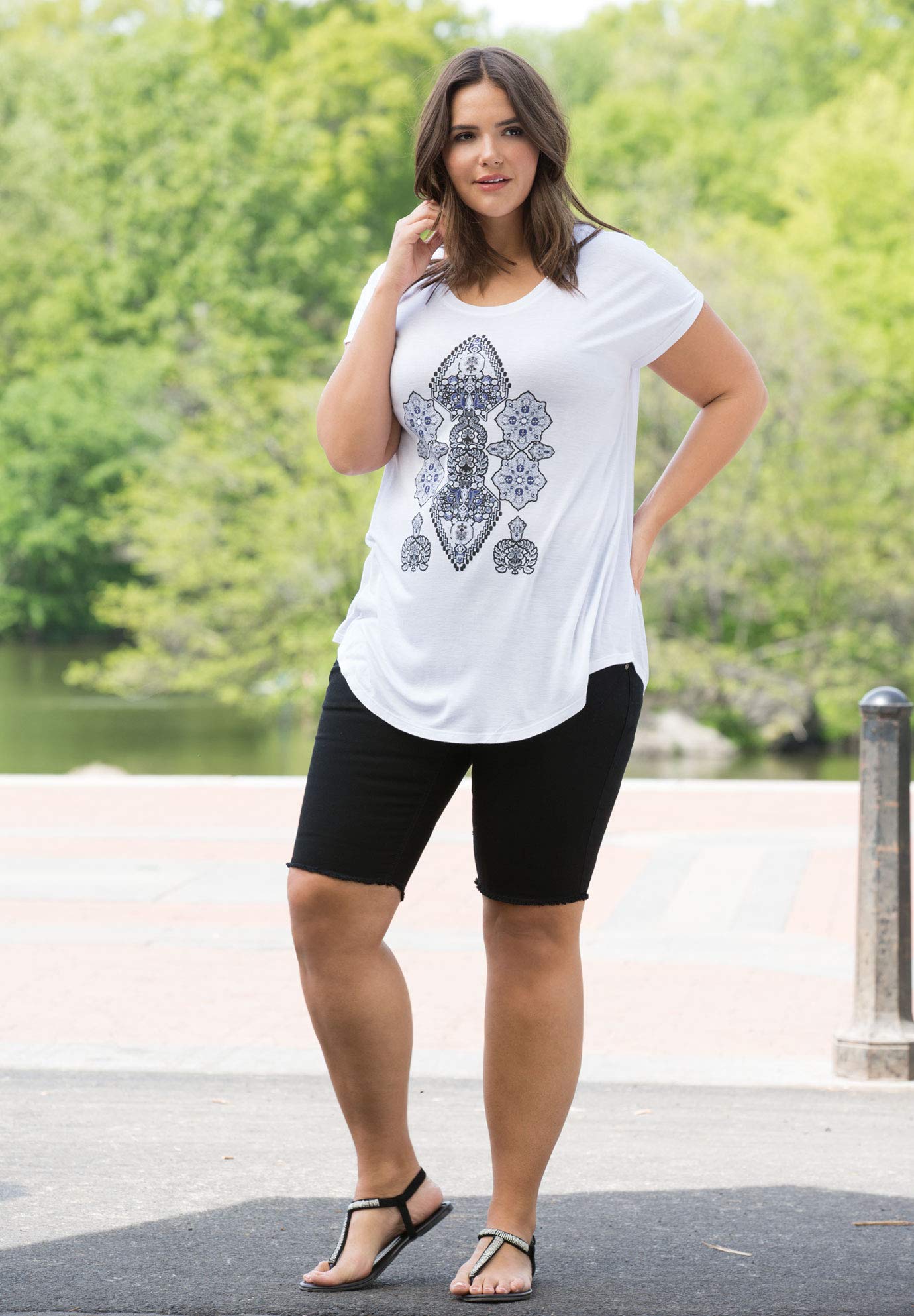 Ellos Women's Plus Size Button-Front Denim Shorts - High Waisted Stretch Comfort Fit for Casual Wear & Summer Outfits