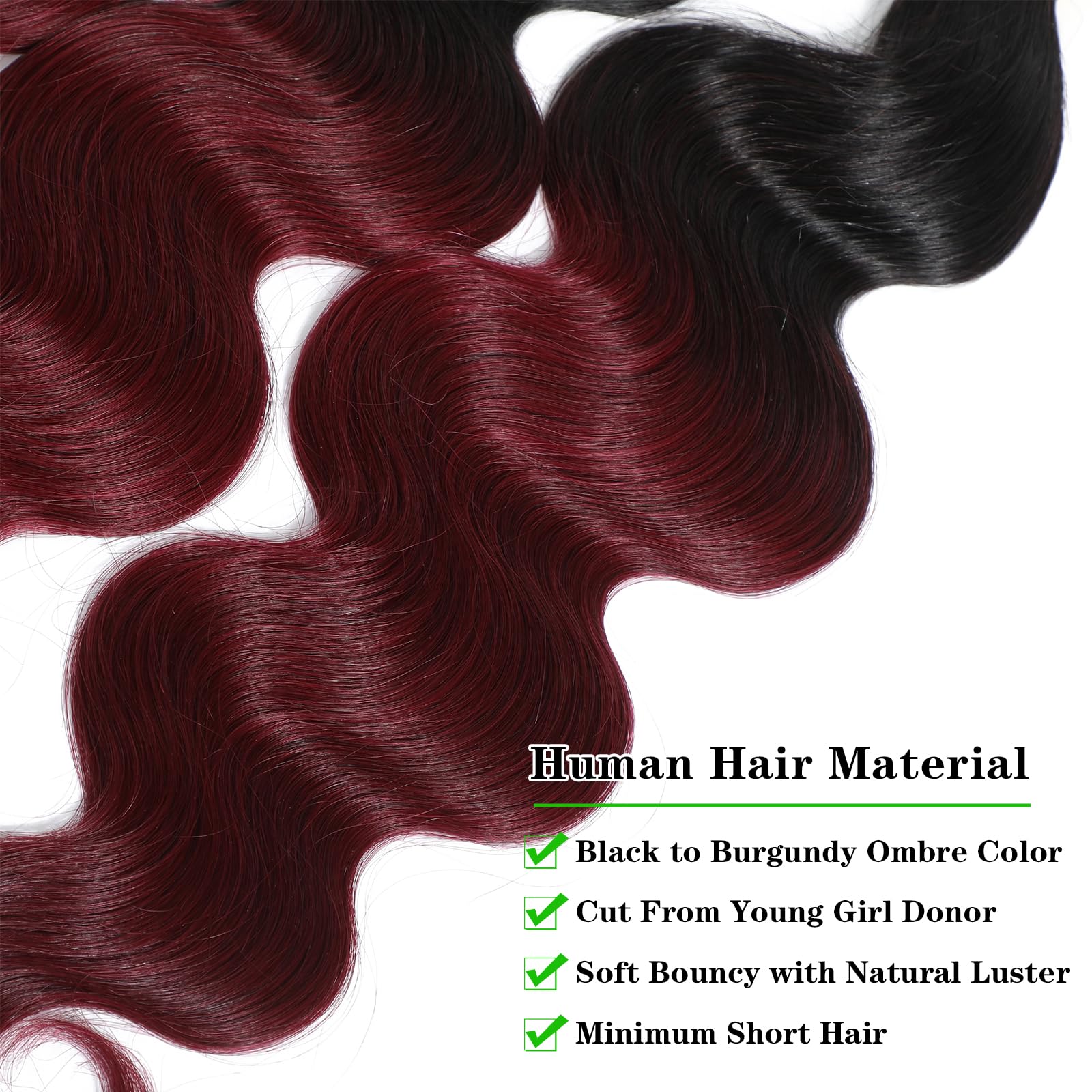 Kapelli 10A Brazilian Human Hair Bundles with Closure - Ombre Body Wave Weave (14 16 18+12 Inch) 2-Tone Black to Burgundy | Perfect for Sew-in Weaves, Extensions & Protective Styles
