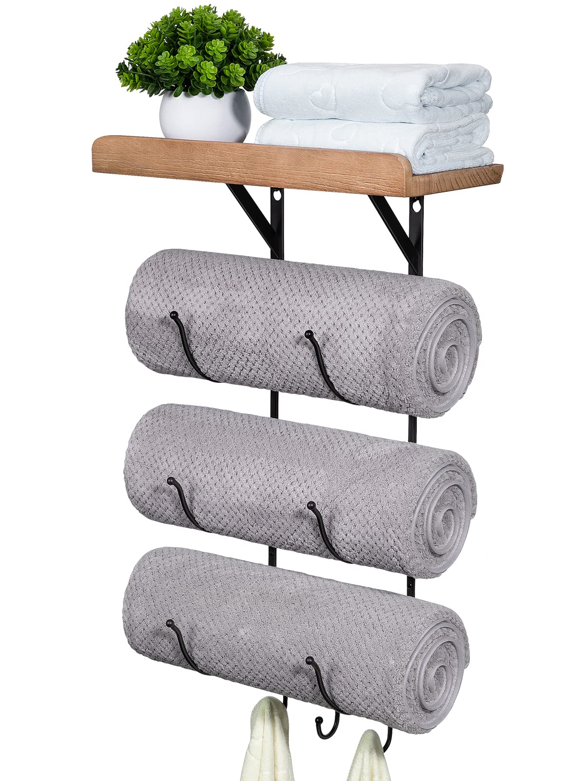 Wall Mounted Bathroom Towel Rack with Wood Shelf & 3 Hooks - IRIIJANE Metal Towel Holder for Hand & Bath Towels - Space Saving Organizer for Small Bathrooms, RV Campers & Home Decor (Black) - Perfect for Compact Spaces & Stylish Storage Solutions