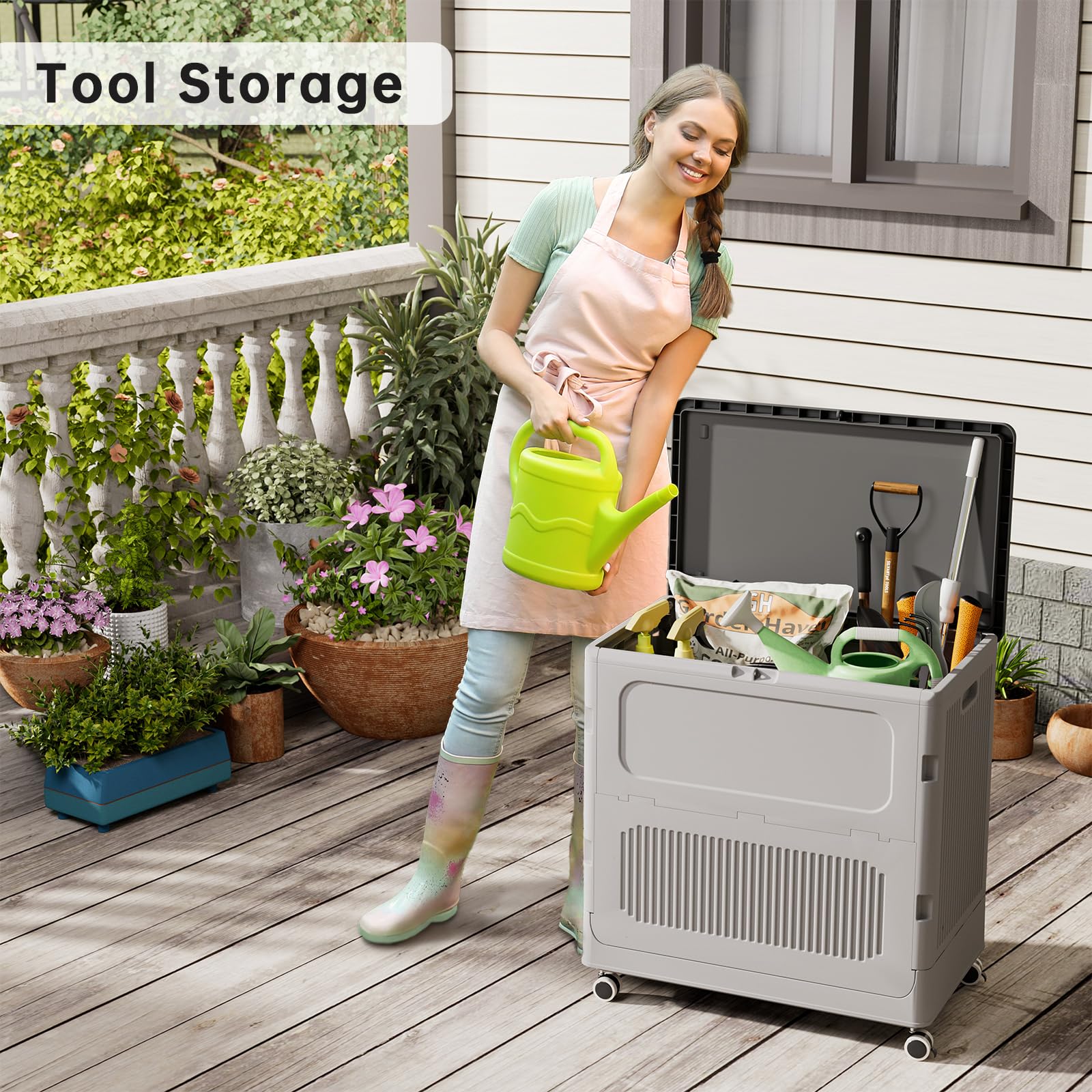 HAIXIN 157 QT Collapsible Plastic Deck Box with Wheels & Lockable Lid - Outdoor Storage Container for Patio Cushions, Garden Tools, Toys, Parcel Delivery - UV Resistant Dark Grey Organizer for Backyard, Poolside & Garage Storage