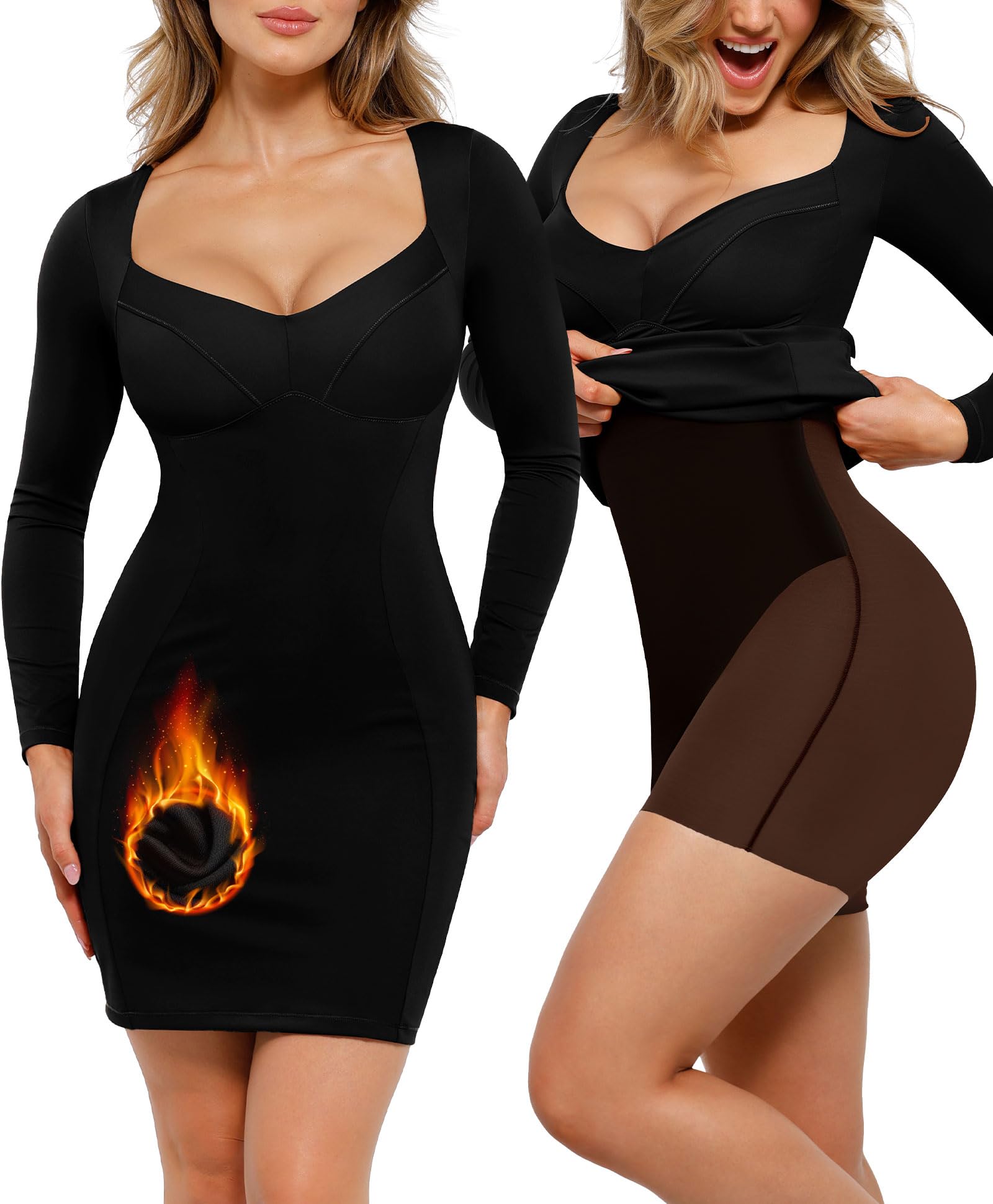 Popilush Women's Shapewear Dress - Long Sleeve Sweetheart Neckline Bodycon Mini Dress with Tummy Control | Thermal Red | Perfect for Work, Party & Date Night Outfits