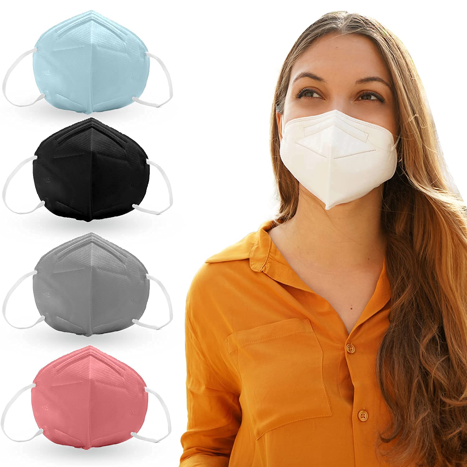 AmazerCare N95 Disposable Face Masks - 5-Layer Protection, CE Certified & ISO 13485 Approved - Multicolor Pack for Daily Use, Work, Travel and Public Safety