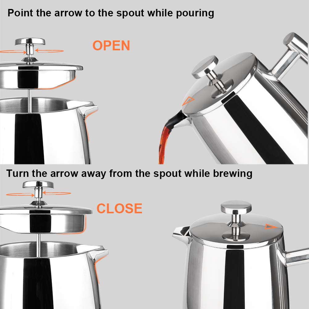 Secura 17-Ounce Stainless Steel French Press Coffee Maker - 304 Insulated Coffee Press with Extra Fine Mesh Filter Screen for Rich, Bold Brew - Perfect for Home, Office, Camping & Gifts